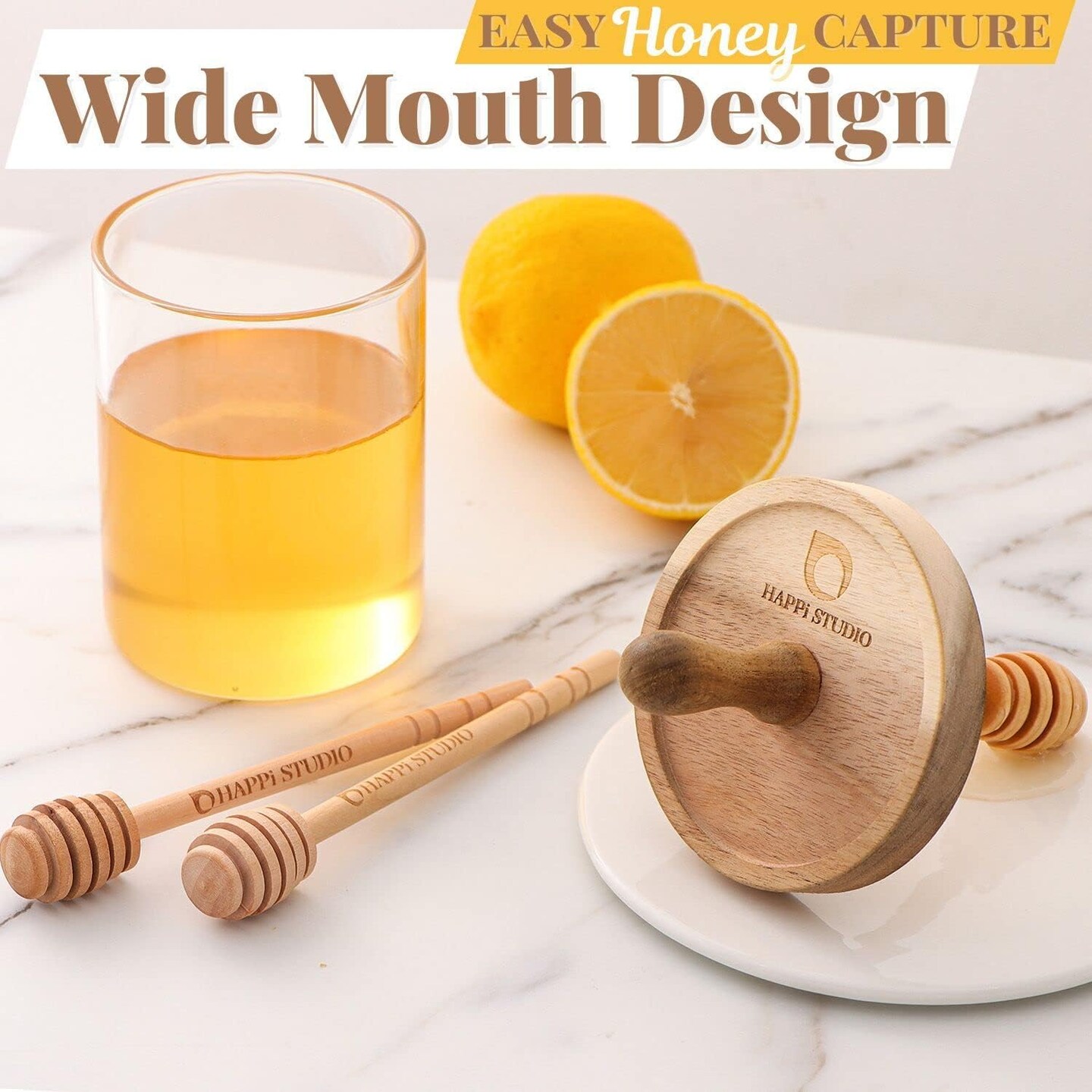 Honey Pot - Honey Jar and Dipper Set - Glass Honey Jar with Dipper - Honey Dipper Stick and Jar Set - Glass Honey Dispenser No Drip - Honey Container with Dipper- 2 Wooden Honey Dippers - 13 Oz