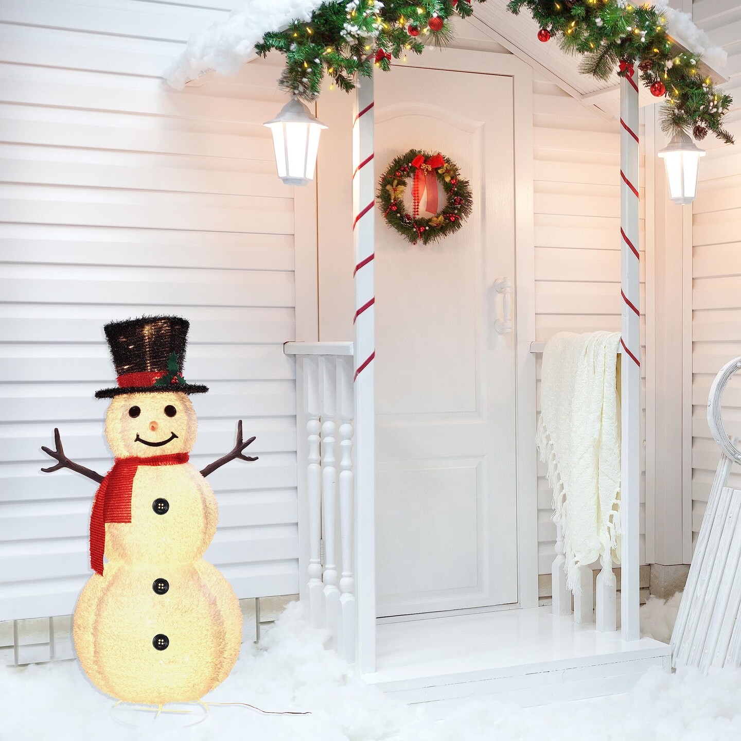 Haute Decor 48 Inch Tall Lighted Collapsible Tinsel Fabric Snowman Outdoor Christmas Yard Decoration - Pre-lit with Energy-Efficient LED Lights - Easy, Compact Storage