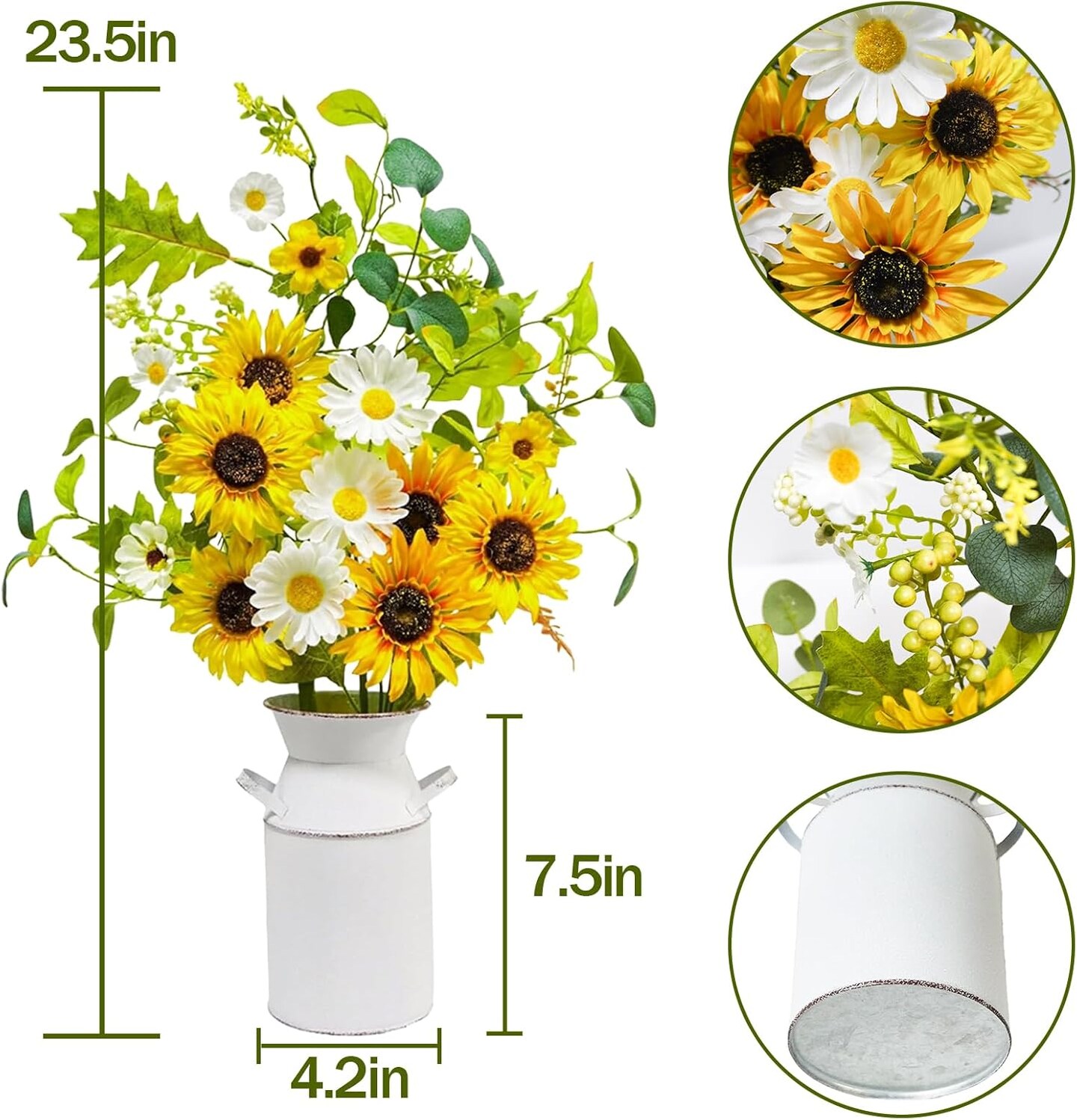 23.5&#x22; Faux Flowers in Vase, Silk Sunflower Artificial Flowers with Metal Pot Fake Sunflowers with Vase Flowers Arrangement Centerpieces for Table Kitchen Dining Living Room Home Spring Decor