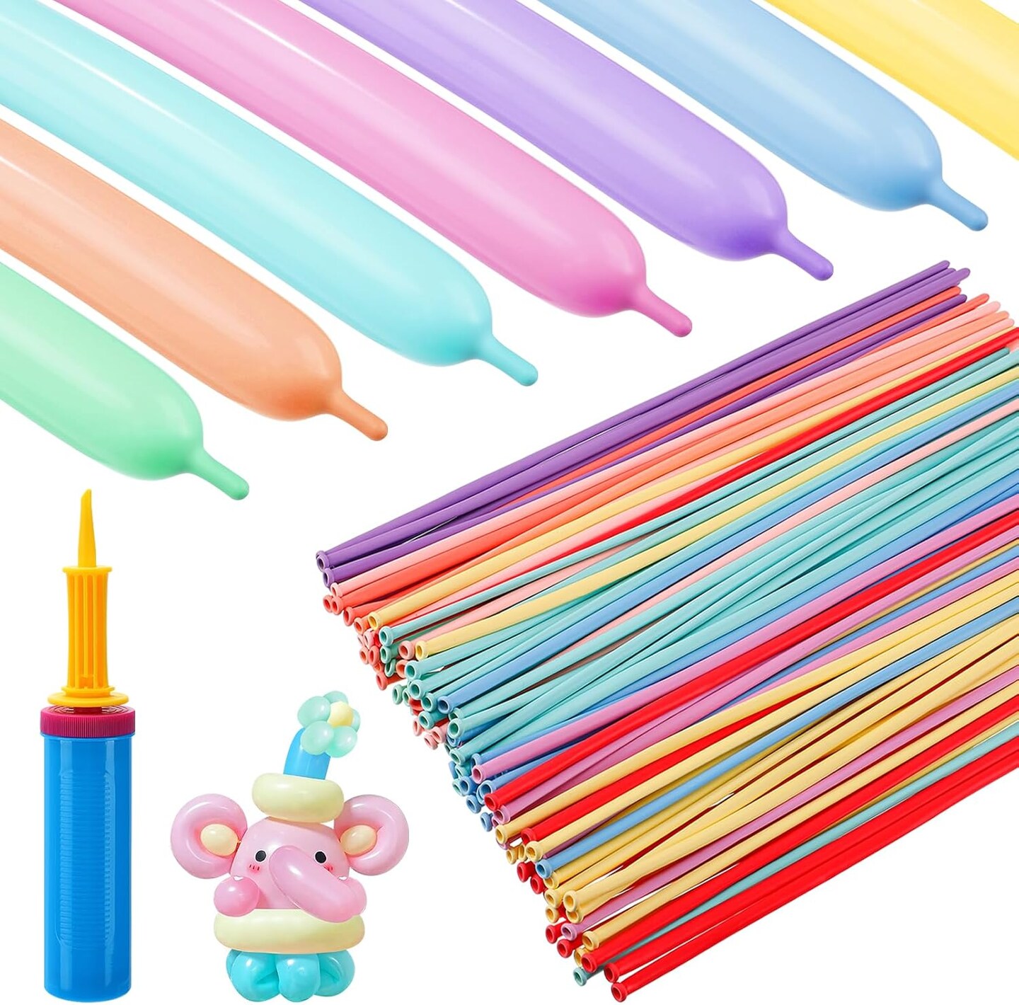 100 PCS 260Q Balloon Kit with Pump – Pastel Long Twisting Balloons for Animals, Flowers & Party Decorations