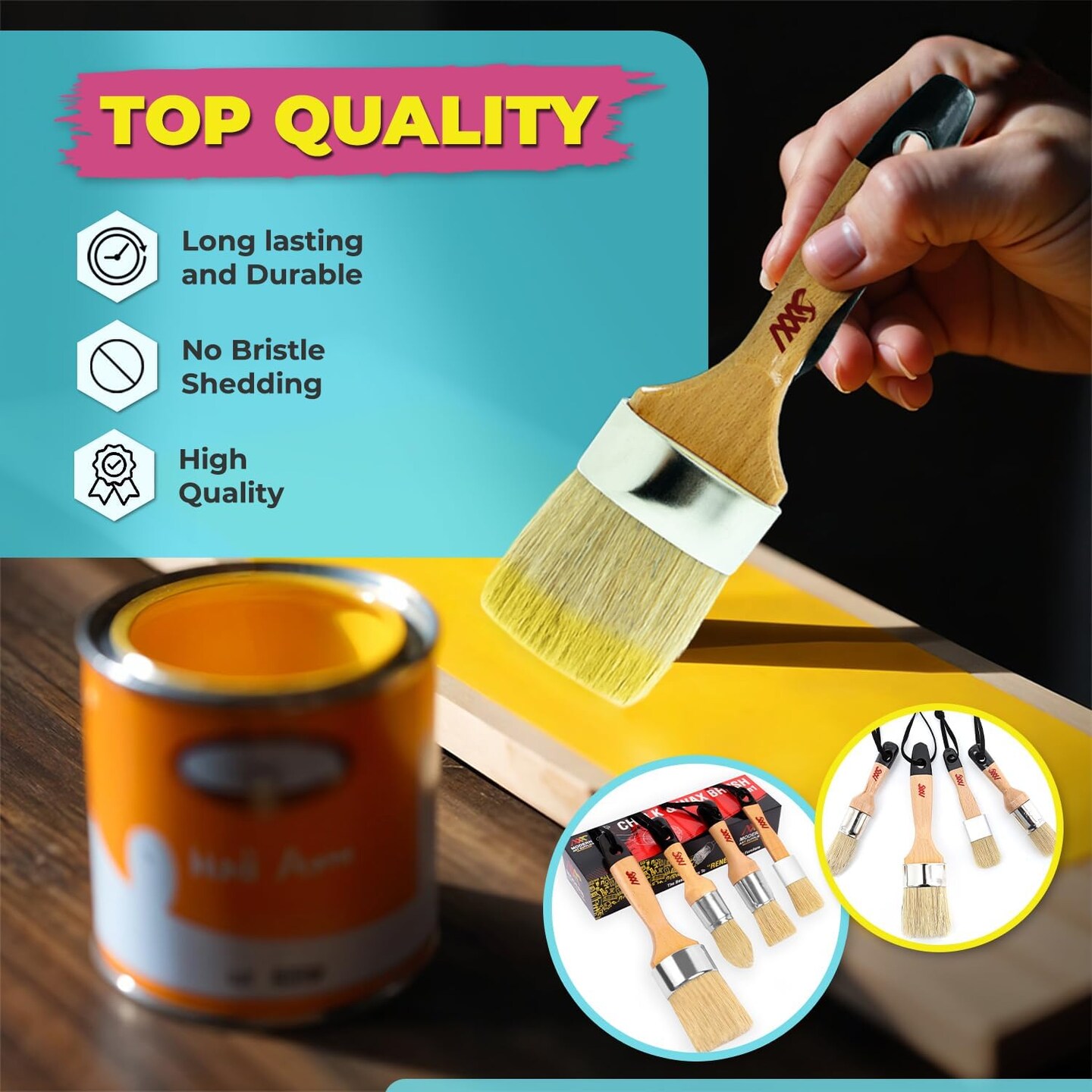 Chalk Paint Brushes Set, Pack of 2 Wax Brush - 2.5 Inches Large, Natural Bristles, Perfect for Furniture Painting, Stencils, Waxing - No Shedding, Superior Paint Pick-Up & Release (2)