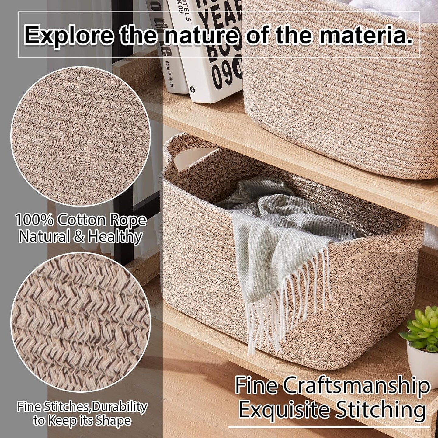 Summer baskets Cotton Rope Woven Storage Baskets for Shelves, Rectangle Storage Bins with Handles, Towel Basket - 13"×9.85"×8.7", Brown