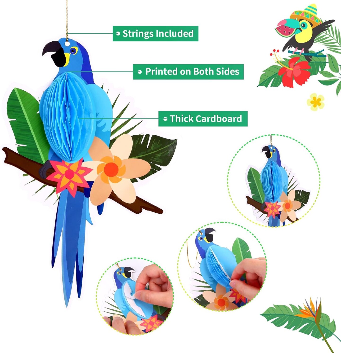 Summer Hawaiian Tropical Luau Party Decorations, 20Ft Tropical Garlands &#x26; 6 Birds Honeycomb for Summer Tiki Bar Beach Party Decorations Supplies