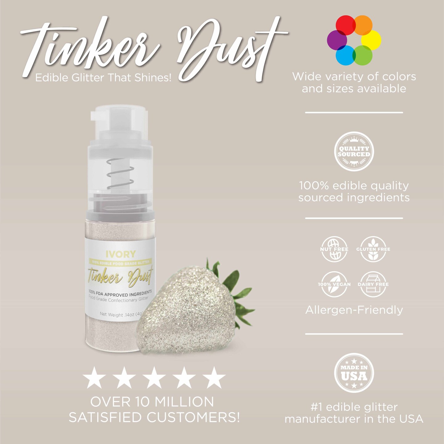 Bakell - Ivory Tinker Dust Edible Glitter (25g, 1x Spray Pump) for Food, Desserts, and Beverages!