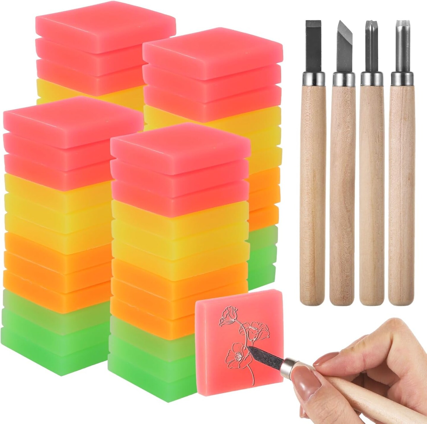 52 Pcs Linoleum Blocks Kit, Luminous Rubber Stamp Carving Blocks with 4 Carving Tools, Block Printing Kit for Printmaking, Square Colored Rubber Blocks for DIY Crafts