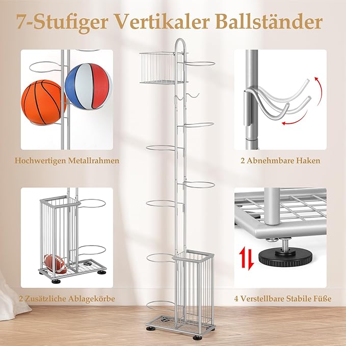 7-Tier Metal Ball Storage Rack with 2 Baskets &#x26; Hooks &#x2013; Vertical Space-Saving Organizer for Basketball, Football, Volleyball, Gear | Indoor/Outdoor Garage, Gym, Kids&#x2019; Room