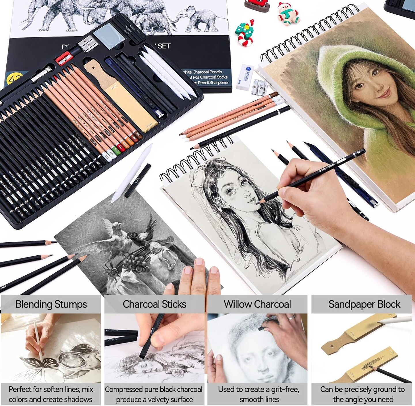 Drawing Sketching Pencil Set, 42 Pack Pro Art Pencil Kit with Graphite Pencils (14B-4H), Charcoal Pencil, Ideal for Shading, Blending, Drawing Set for Beginners & Pro Artists