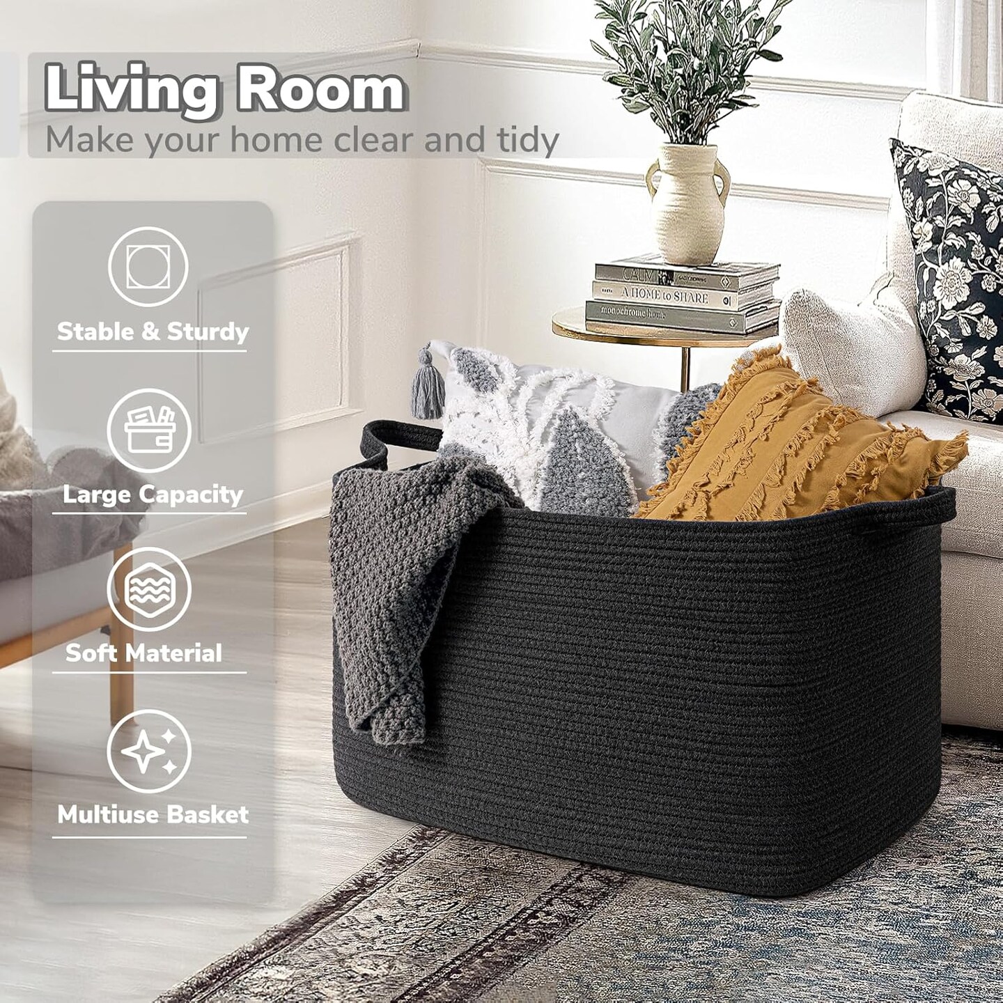 Summer Black Storage Basket for Living Room, Woven Baskets for Storage, Dirty Clothes Basket, Extra Large Rectangle Baby Baskets for Pillows, Toys, 24&#x22; x 16&#x22; x 14&#x22;