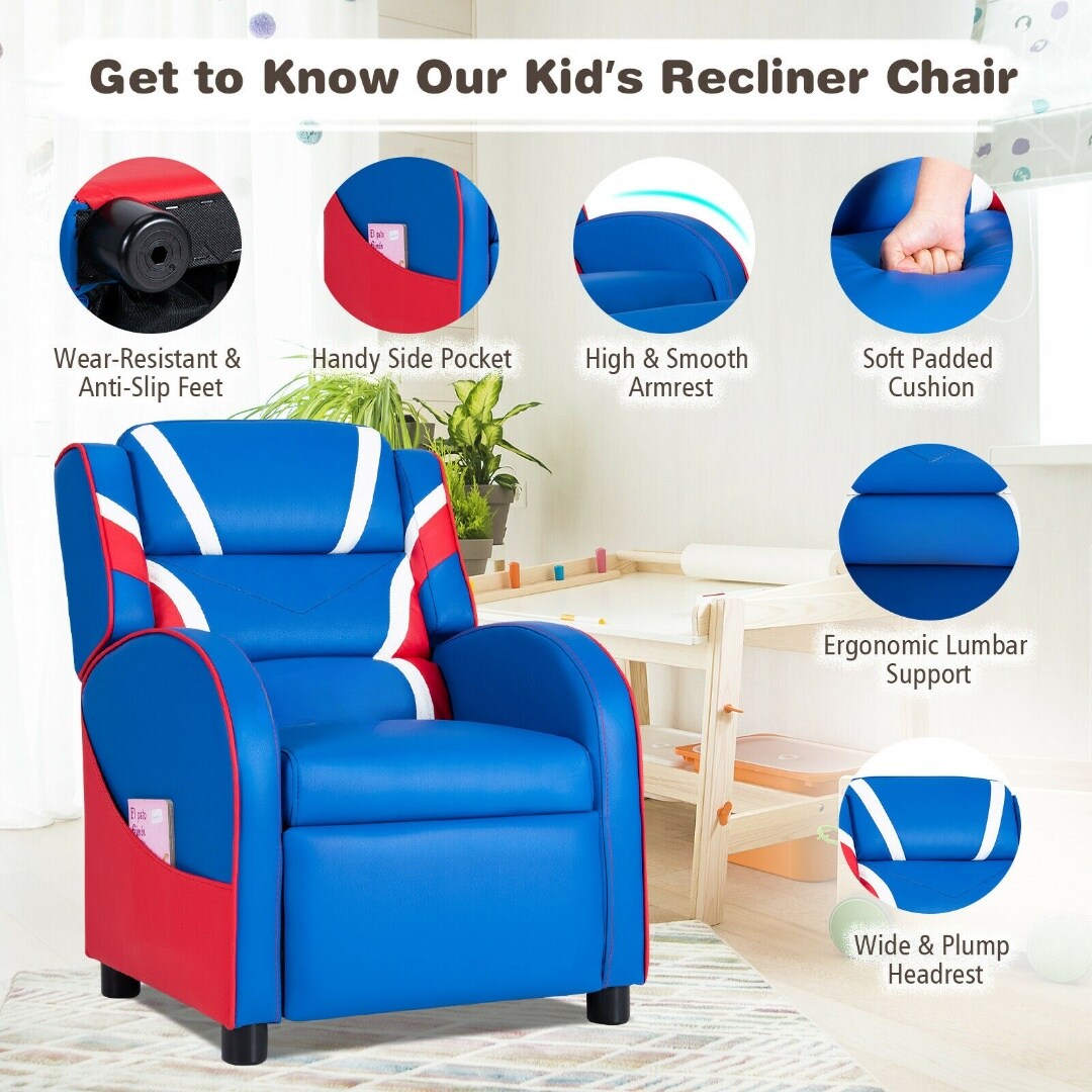 Kids Adjustable Recliner Chair with 2 Side Storage Pockets Ideal for Children Room or Home Theater