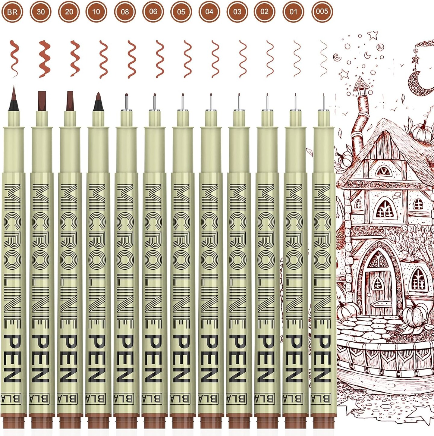 Sepia Micro Pen Set, 12 Assorted Sizes Fineliner Ink Art Drawing Pens, Water-Resistant Archival Ink Multiliner Pens for Illustration Technical Sketching Manga Scrapbooking Journaling Zentangle