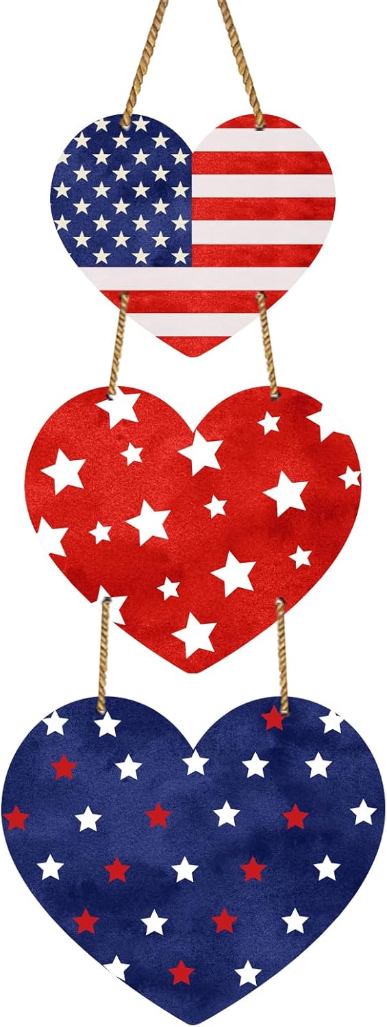 Patriotic Heart Wreath 4th of July, Wooden Hanging Door Decor