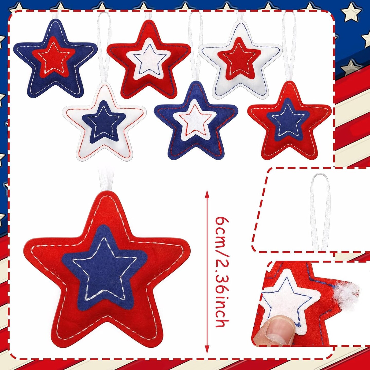 18 Pcs Memorial Day Star Felt Ornaments Patriotic 4th of July Hanging Stars 3.14 Inch White Red Blue Independence Day Tree Decorations for Memorial Veteran Day Party Decor(Classic Style)