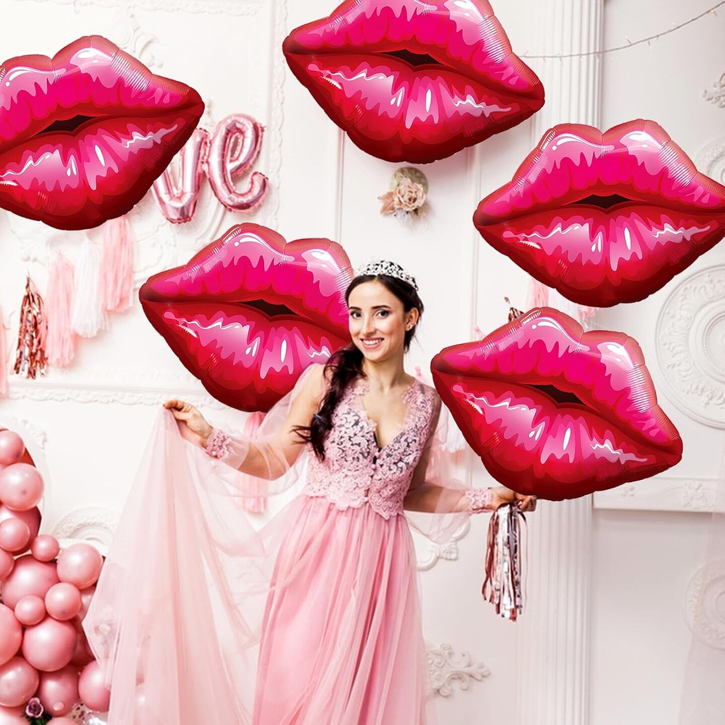 6 PCS Red Lip Balloon Set, Hot Pink Kiss Decorations