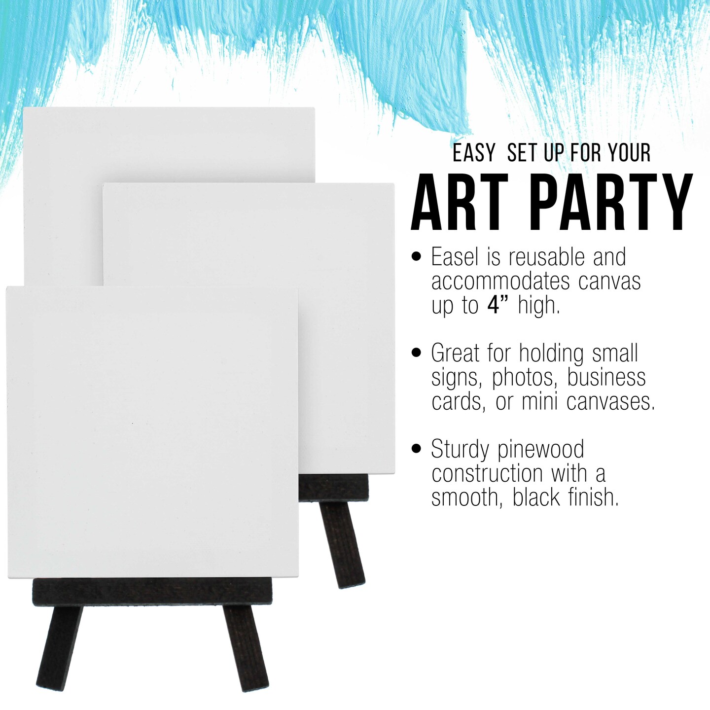 3&#x22; x 3&#x22; Stretched Canvas with 5&#x22; Mini Black Wood Display Easel Kit, 12 Pack - Artist Tripod Tabletop Holder Stand - Kids Painting Party Oil Acrylic