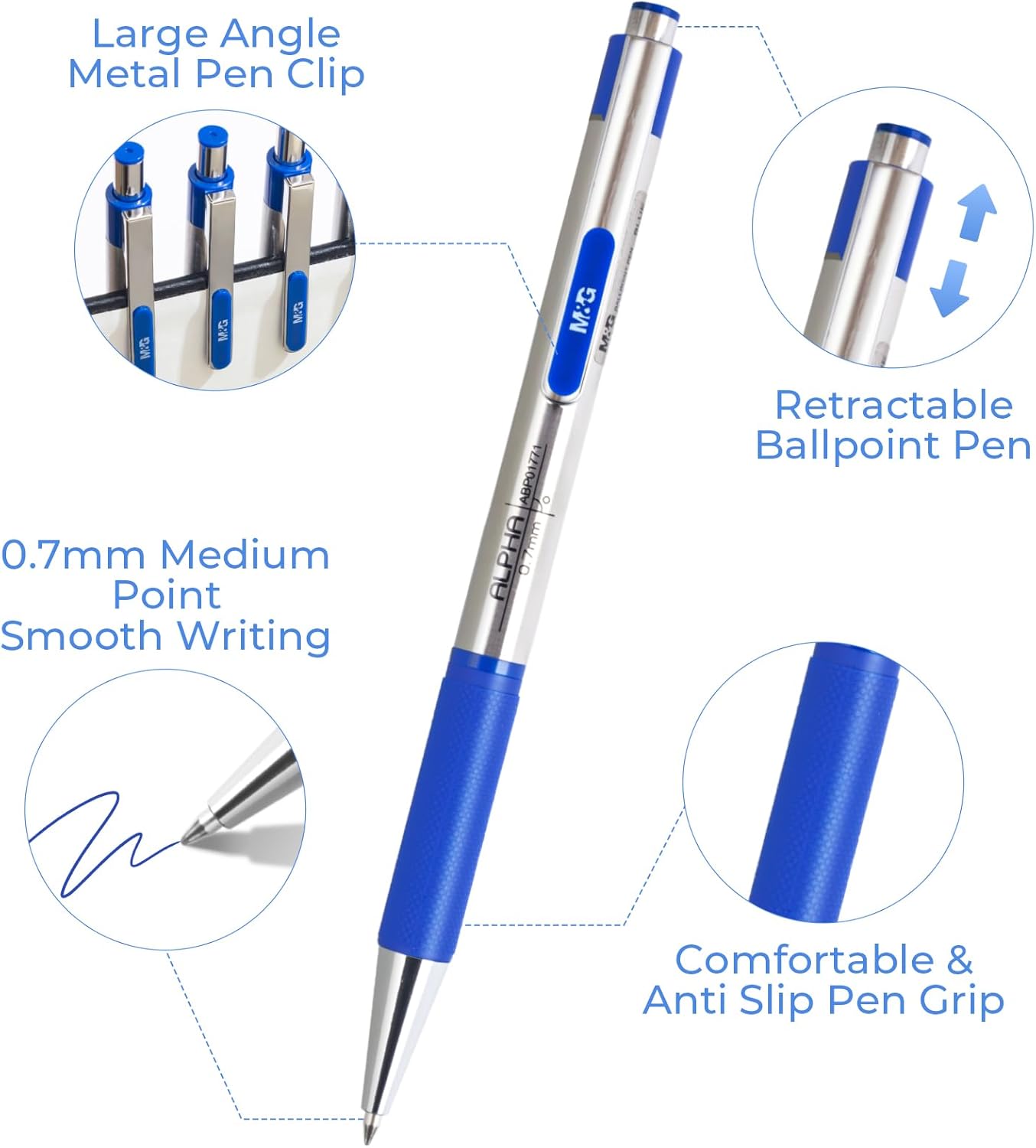 Ballpoint Pens, Blue Ink Pens Medium Point 0.7mm, Retractable Ballpoint Pens Bulk Long Lasting Smooth Writing with Anti-Slip Grip for Journaling Office Supplies School Women Men (12 Pack)
