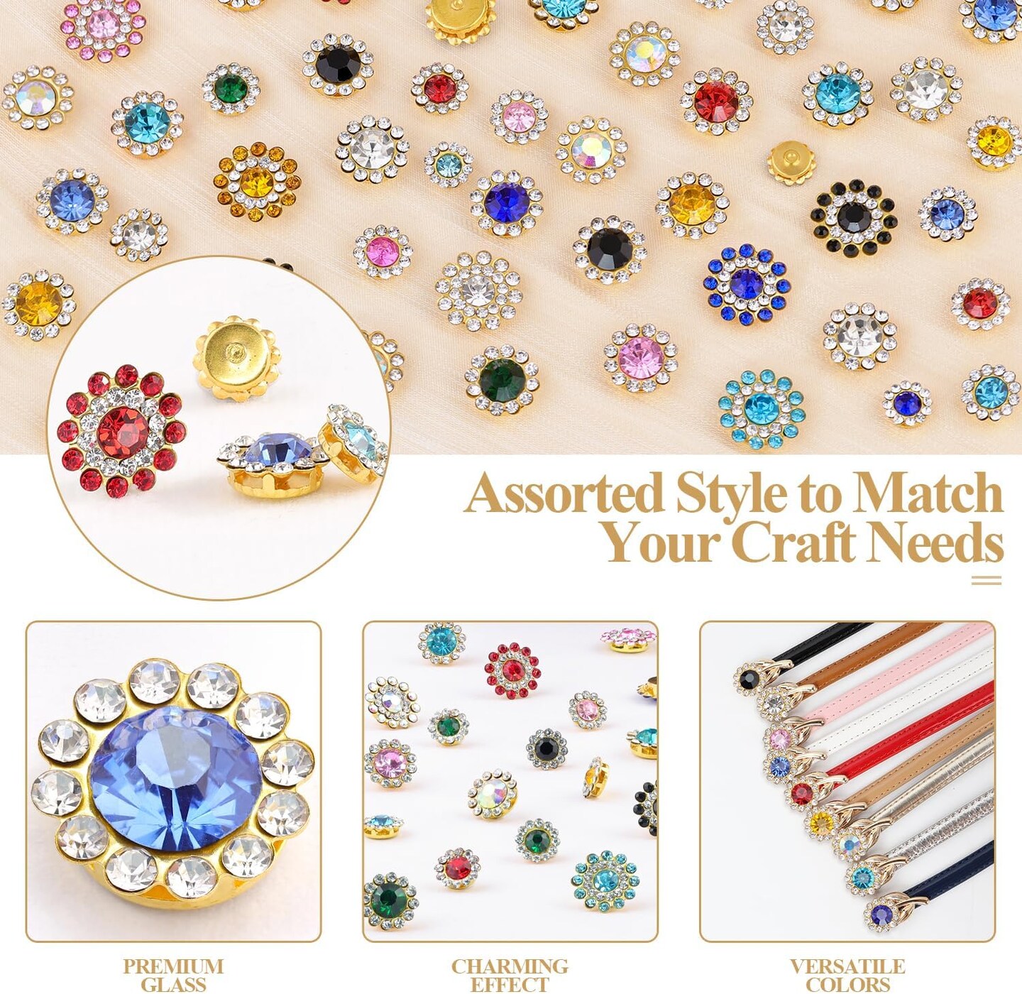 150pcs Sew-On Crystal Rhinestones 3 Sizes 10 Colors Flower Shape for Crafts & Clothing