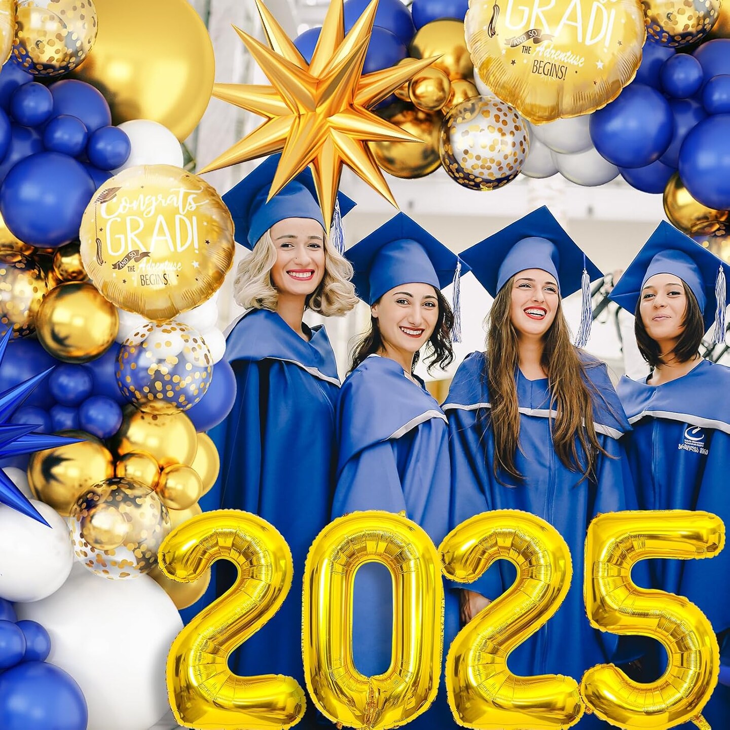 Graduation Balloons Garland Arch Kit, Graduation Balloons Class of 2025, Navy Blue and Gold White Latex Balloons with Graduation Class Foil Balloons for 2025 Graduation Party Decor