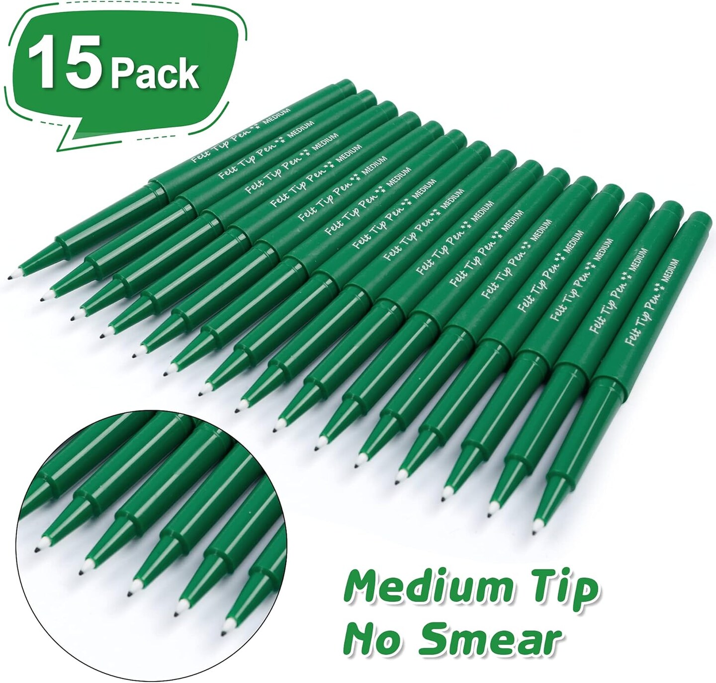 Felt Tip Pens, 15 Green Pack, 0.7mm Medium Point, Felt Tip Markers Pens for Journaling, Writing, Note Taking, Planner, Perfect for School Office and Art Supplies