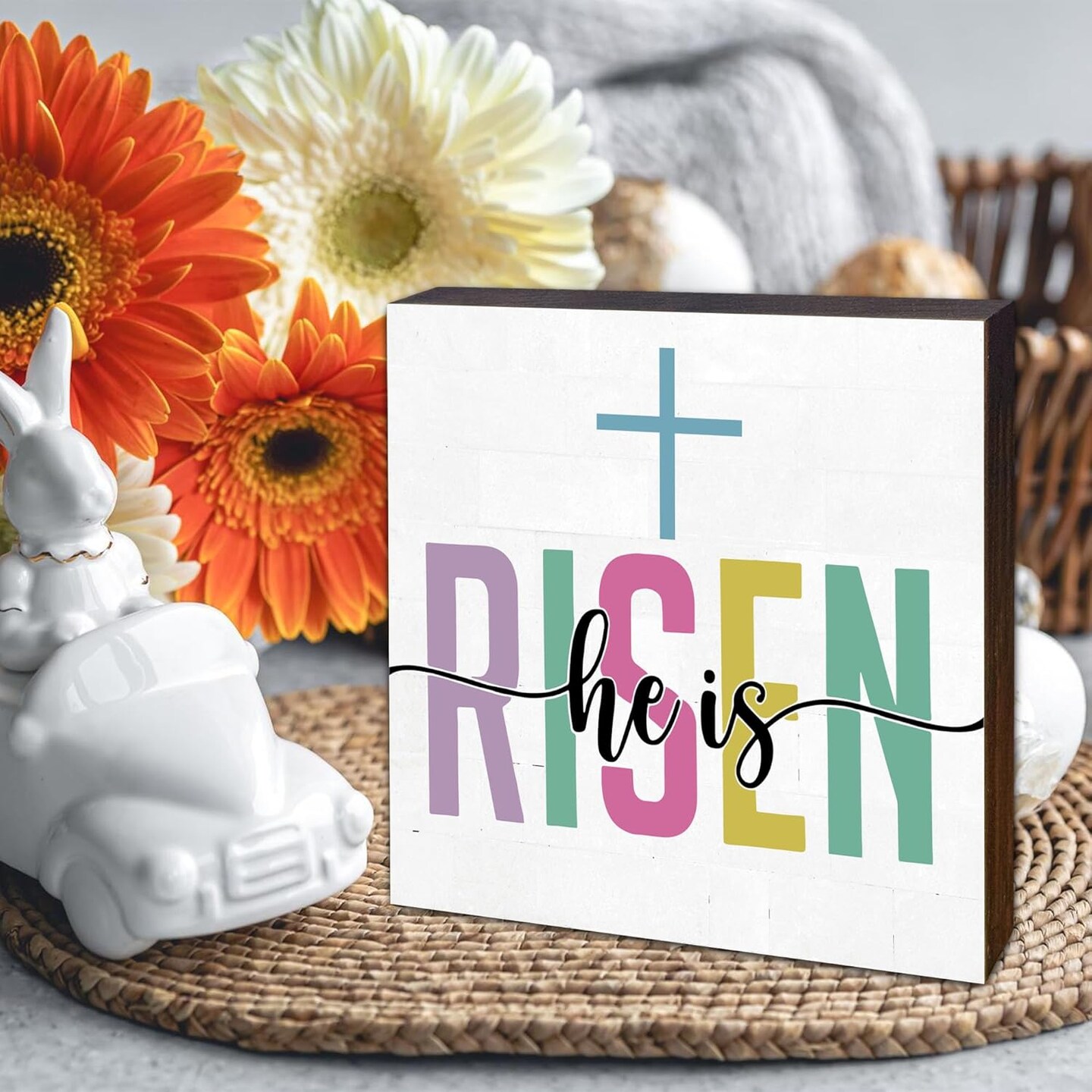 Easters Bunny Gifts, He Is Risen Sign, Easter Bunny Decor, Farmhouse Easter Decorations Indoor for Home Office Tabletop Desk Decoration-B06