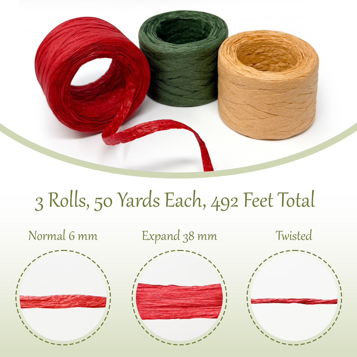 Wrapables Christmas Raffia Ribbons 492 Feet Total, Paper Twine for Gift Wrapping, DIY Crafts, Decorations (Set of 3)