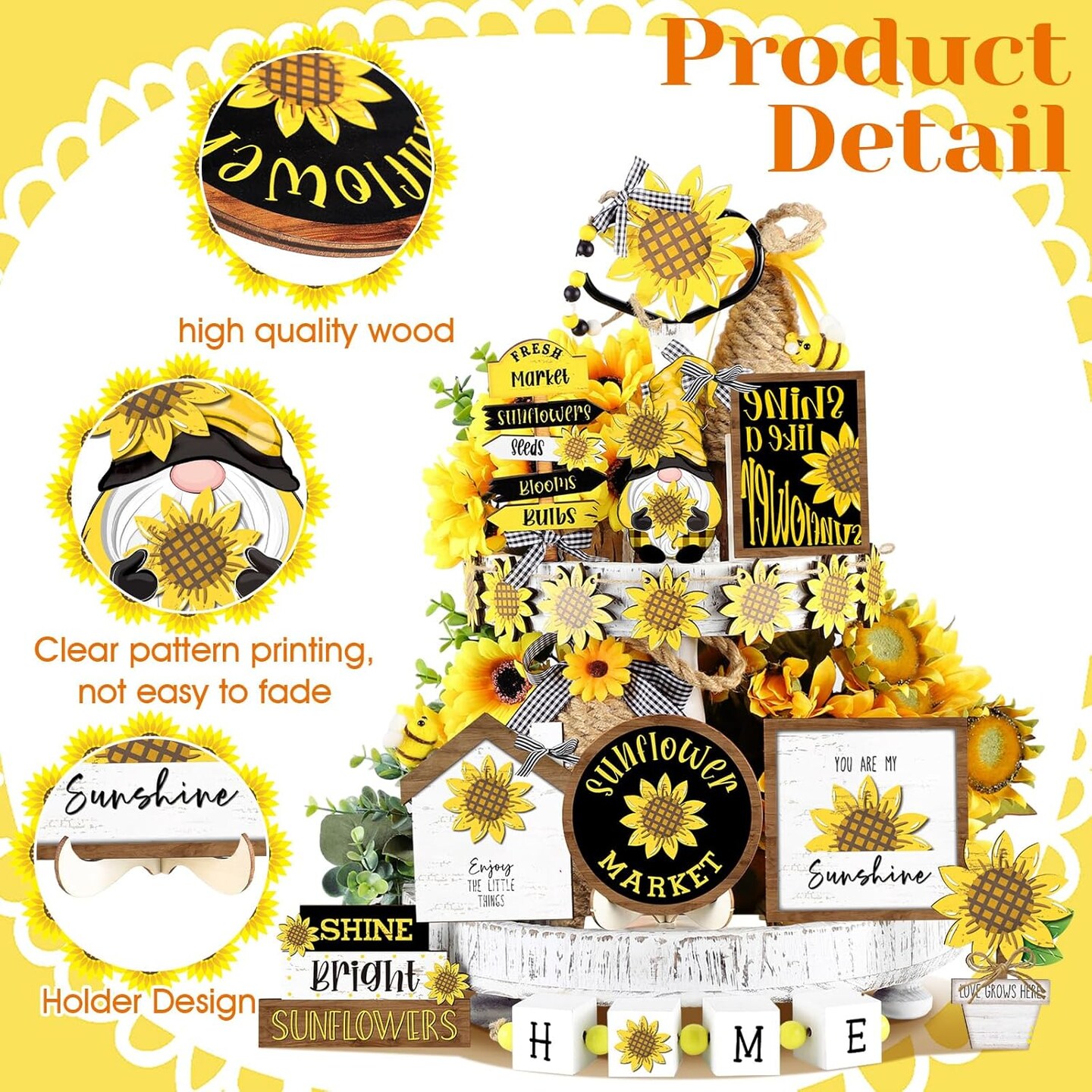 17PCS Sunflower Tiered Tray Decor Set – Farmhouse Wooden Summer Table Signs, Rustic Home Centerpieces for Kitchen, Shelf & Tabletop Spring Summer Decorations