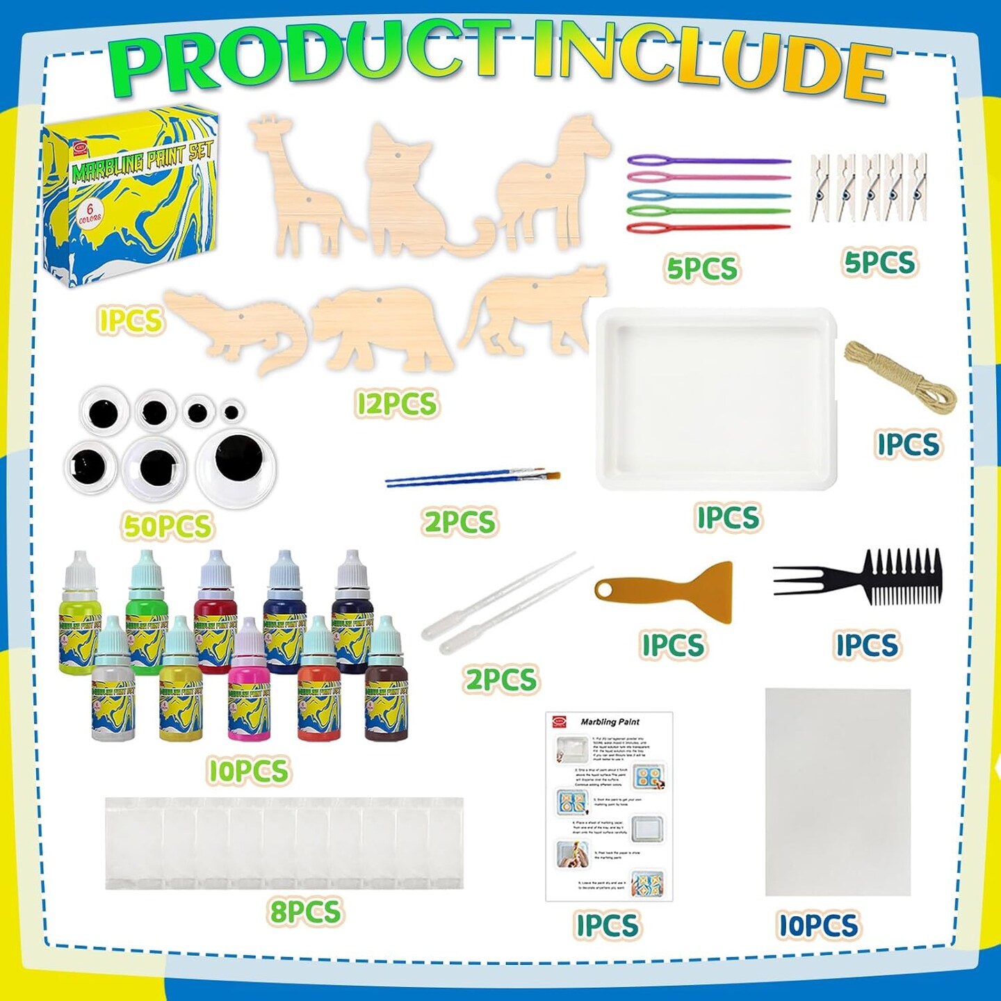 Water Marbling Paint Kit for Kids Animal Theme Painting Craft Kits 10 Colors Arts DIY Paint Craft Animal Wood Chips with Eyes for Girls Boys Age 6-12 Year Olds Birthday Gifts Ideas Activities Toys