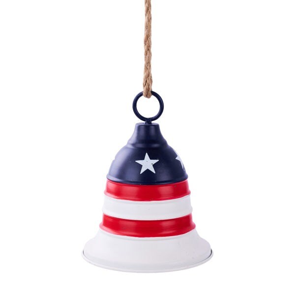 Patriotic Metal Liberty Bell &#x2013; Red White Blue Hanging Decoration for July 4th or Americana Porch Decor, 7.5&#x22;x6&#x22;-HJ9053