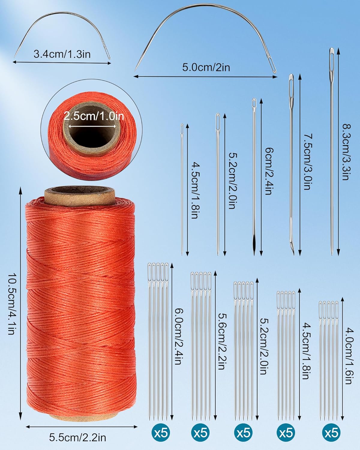 Leather Upholstery Sewing Waxed Thread: 218 Yards 210D Wax String Set with 30Large Eye Hand Sewing Needles,2 Curved Needle and 2 pcs Needle threaders
