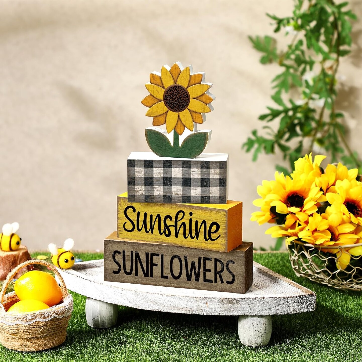 4 Pcs Summer Sunflower Decorations Sunflower Wooden Sign Sunshine Table Centerpiece Summer Tiered Tray Decor Decorative Faux Book Stack Block for Coffee Table Fireplace Mantel Floating Shelf