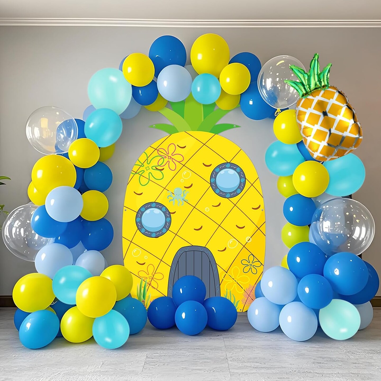 114Pcs Yellow Cartoon Party Decorations Yellow and Blue Balloon Garland Arch Kit Ocean Sea Pineapple Party Backdrop House Photo Prop Booth Frame Set for Baby Shower Birthday Party Supplies