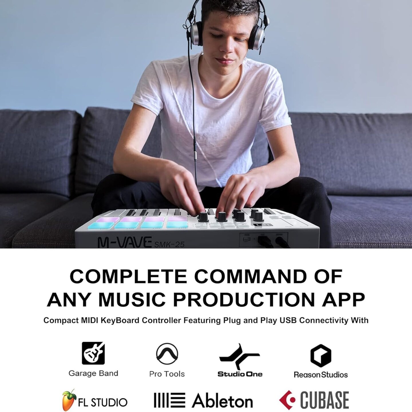 M-WAVE MIDI Keyboard Bluetooth – 25-Key Pad Controller with Drum Pads, Knobs, Software Included