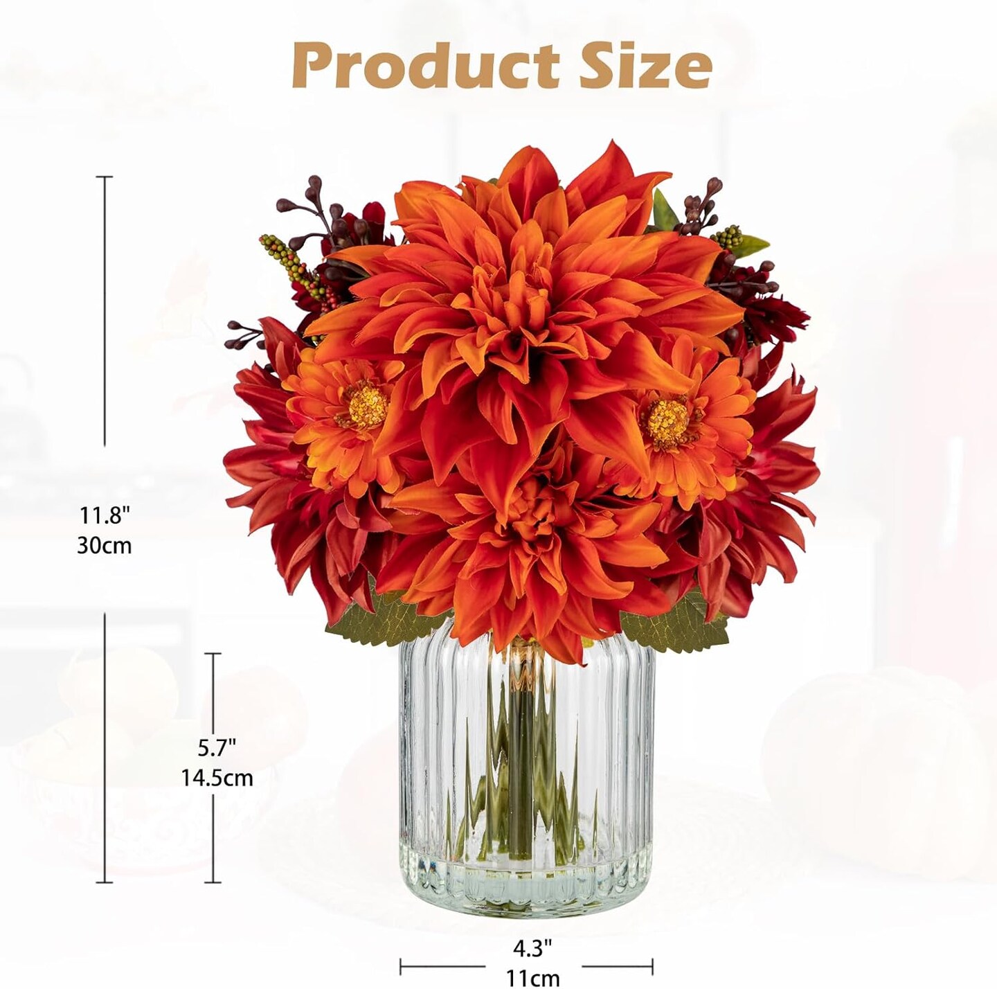 Fake Fall Flowers with Vase, Artificial Dahlia &#x26; Mum Silk Floral Arrangement with Glass Vase Faux Autumn Flowers Bouquet for Home Office Room Coffee Table Centerpiece Wedding Decoration