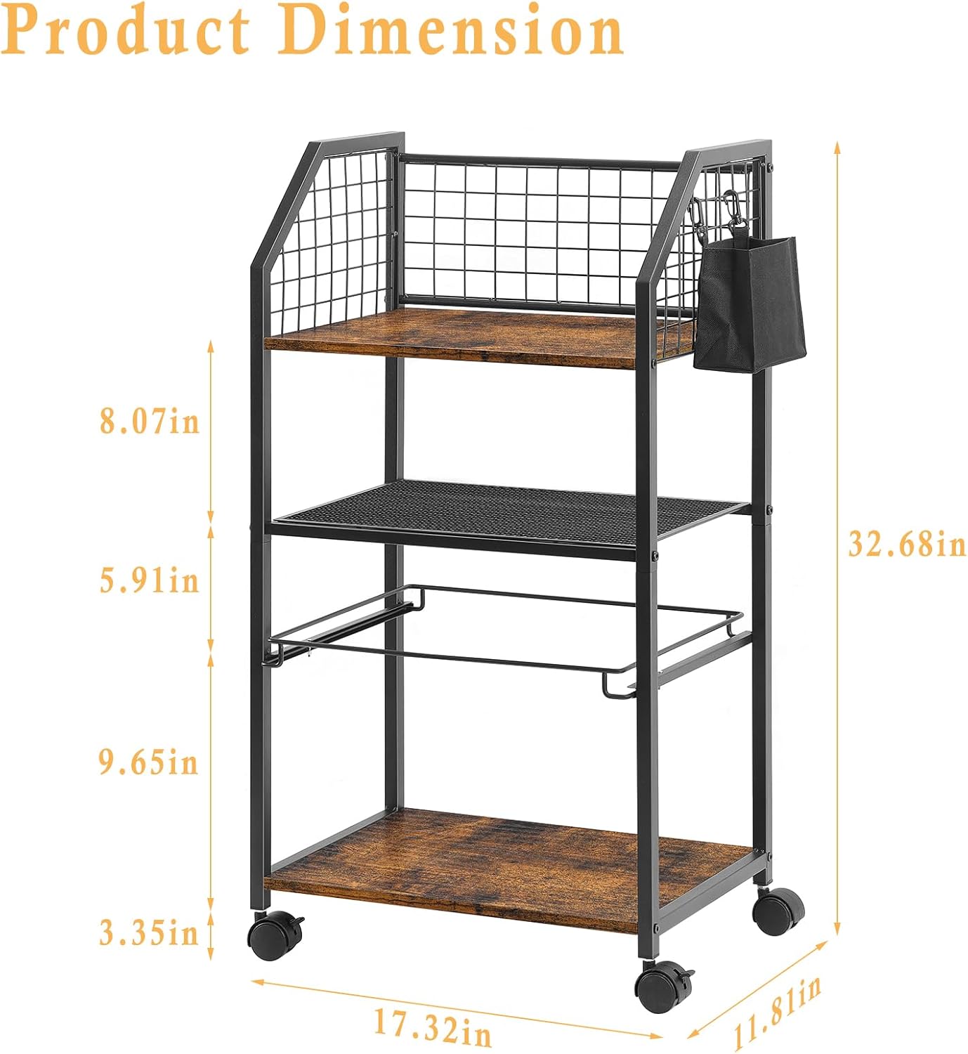 3-Tier Rolling File Cart with Lockable Wheels - Under Desk Organizer, Hanging File Rack for Letter Size, Mobile Office Storage for Home, School, Brown