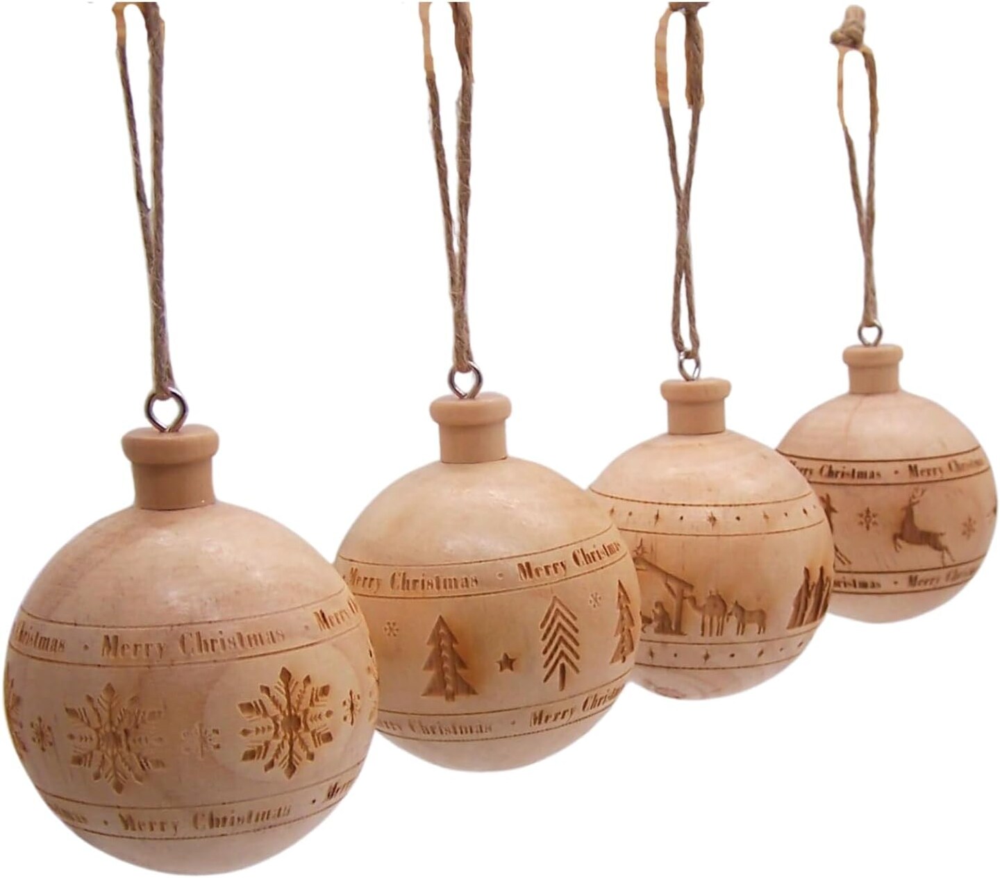 Wooden Ball Christmas Ornaments, Festive Hanging Holiday D&#xE9;cor, Assorted Designs, 2.4 Inches