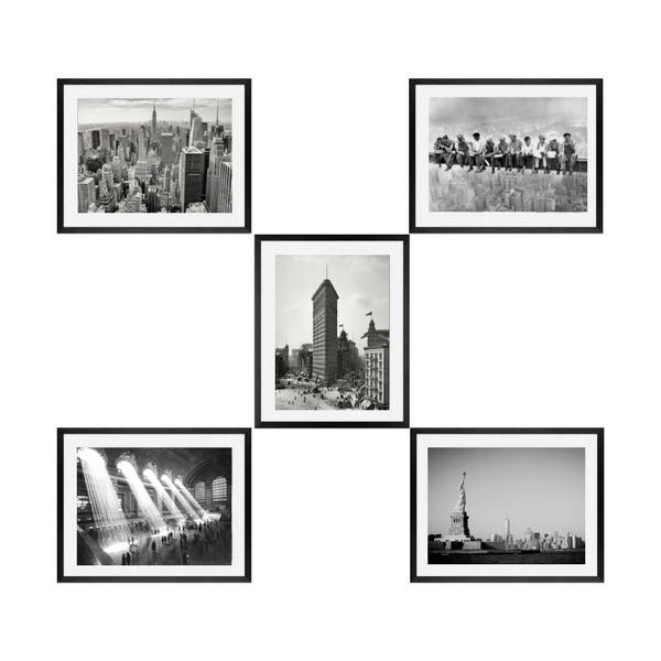 New York City Skyline Framed art Set of 5 black and white prints