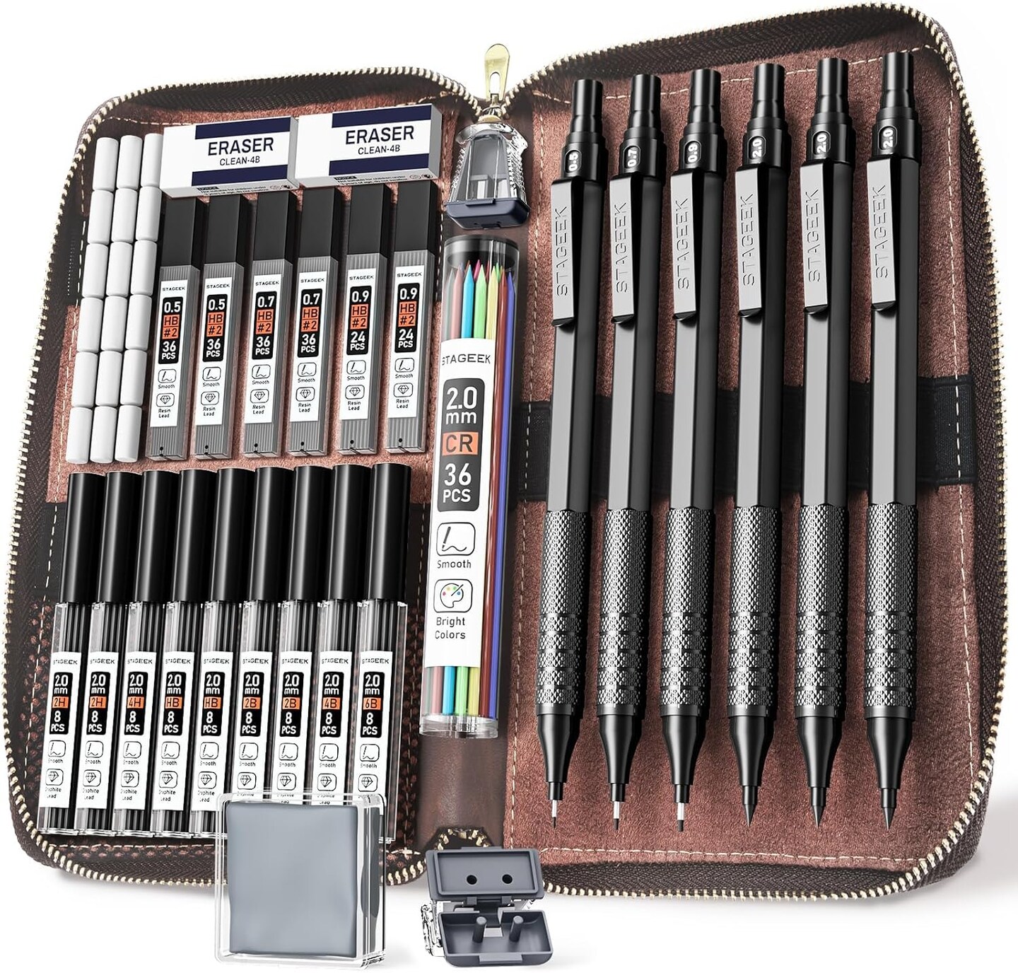 30Pcs Metal Mechanical Pencil Set with Leather Case, 0.5/0.7/0.9/2.0mm Art Drafting Pencils, 16 Tubes Graphite Leads (6B 4B 2B HB 2H 4H) with Colored Leads for Sketching Drawing Writing(Black)
