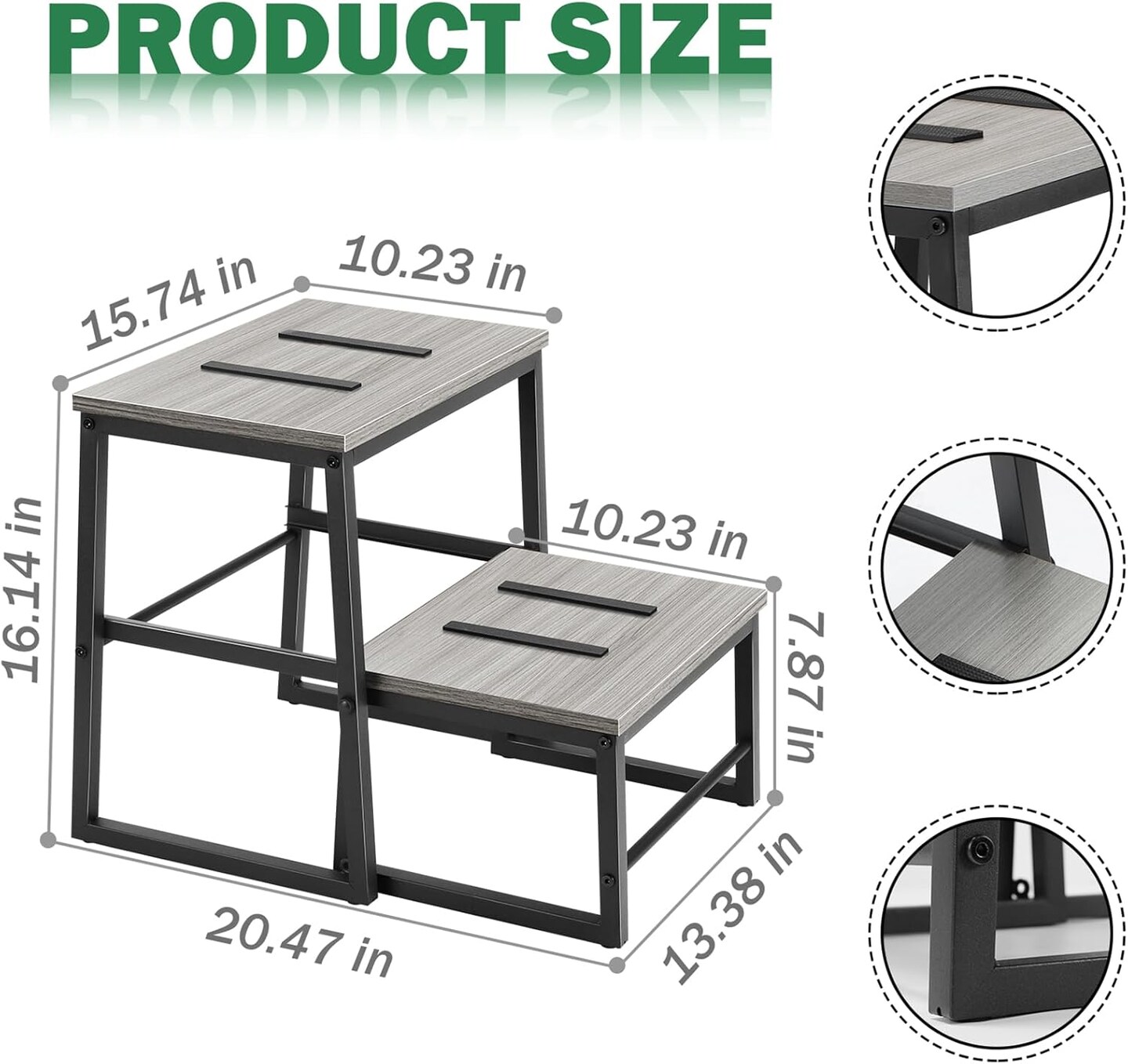 Heavy-Duty 3-in-1 Wooden Step Stool for Adults - 500lb Capacity, Detachable Metal Frame Stepping Stool for High Beds, Kitchen, Bathroom, Grey