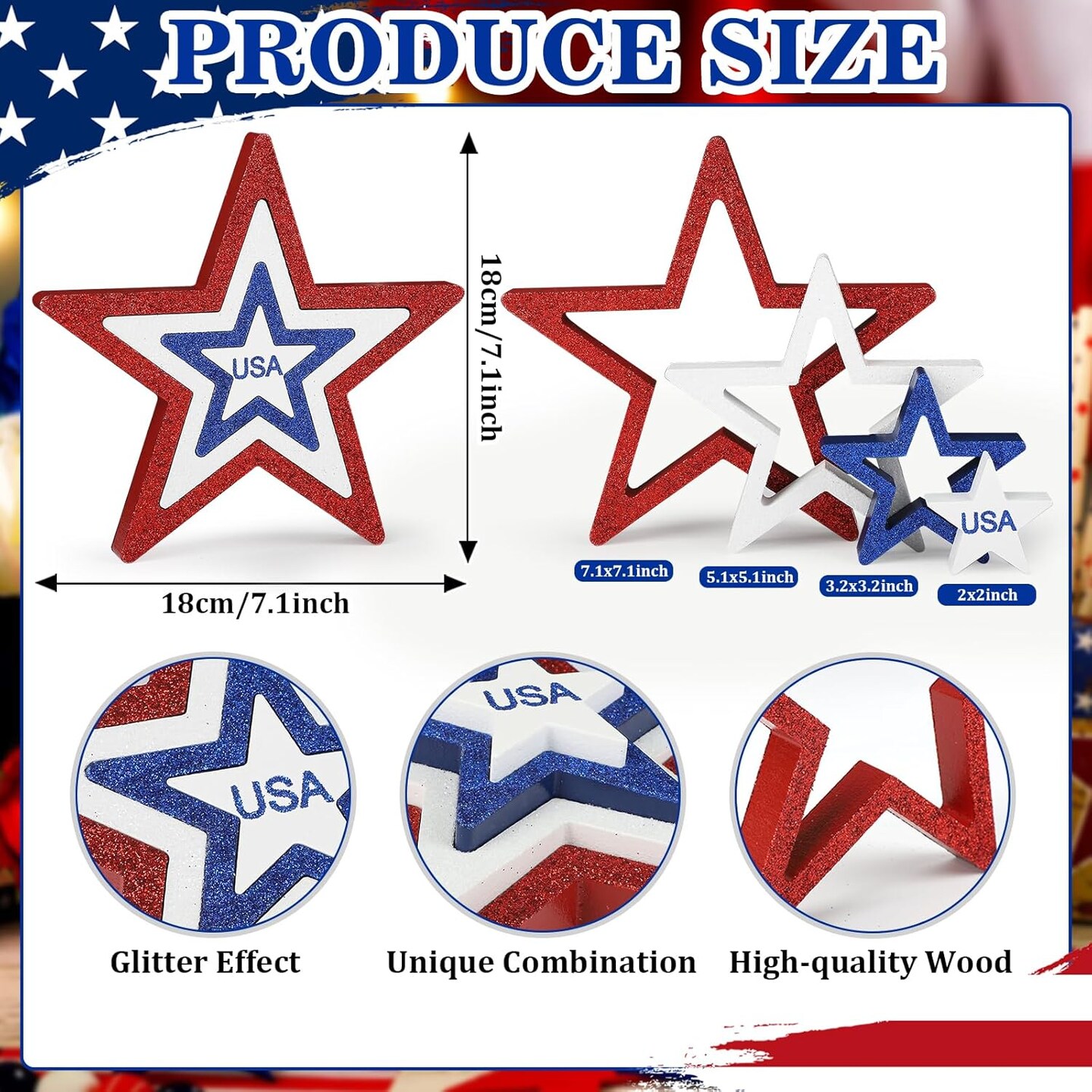 Set of 4 glittery red, white, and blue stars for 4th of July decor.
