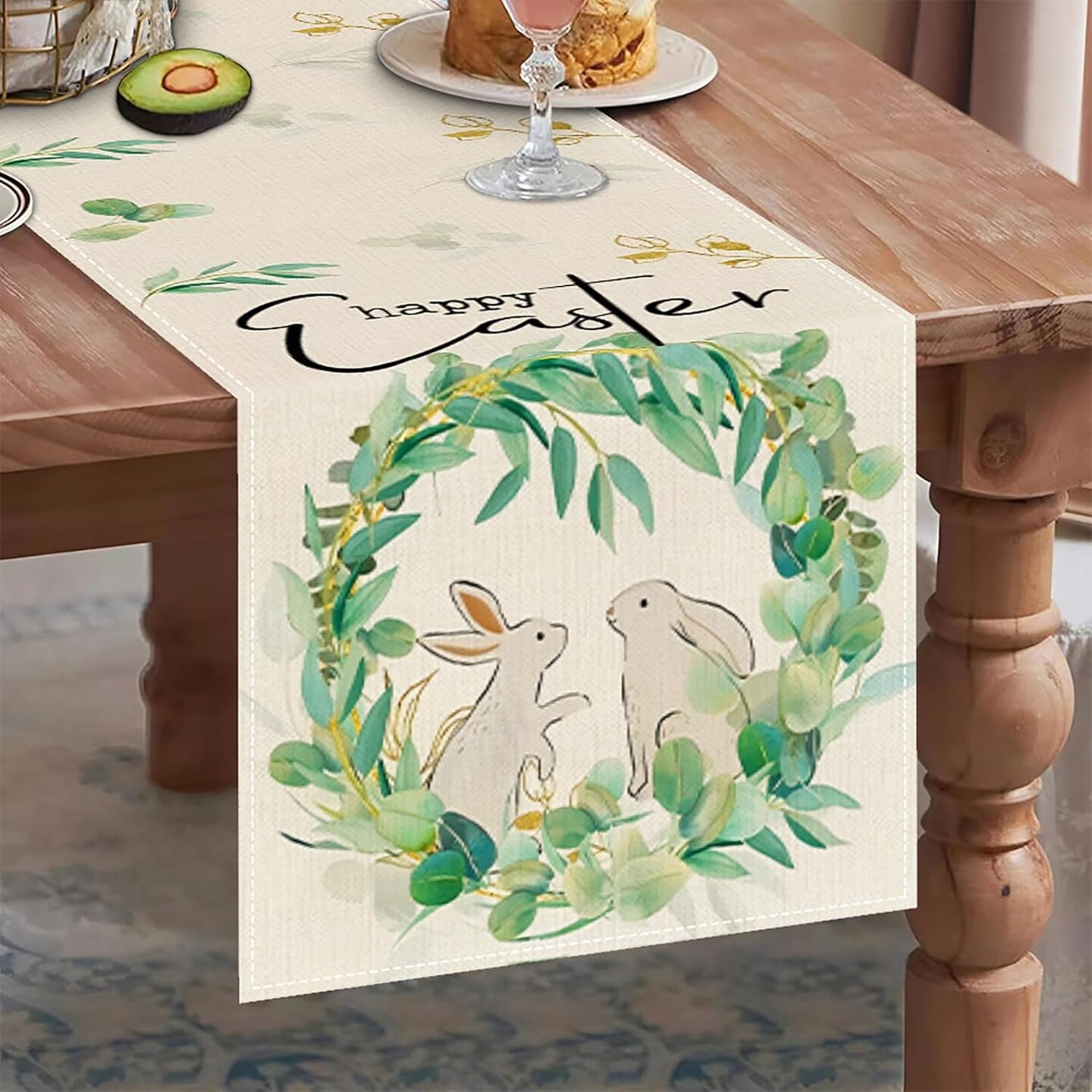 Easter Table Runner, Bunny Rabbit Flowers Leaves Green Easter Table Runners 72 Inches, Farmhouse Spring Kitchen Dining Table Decoration for Home Party Decor