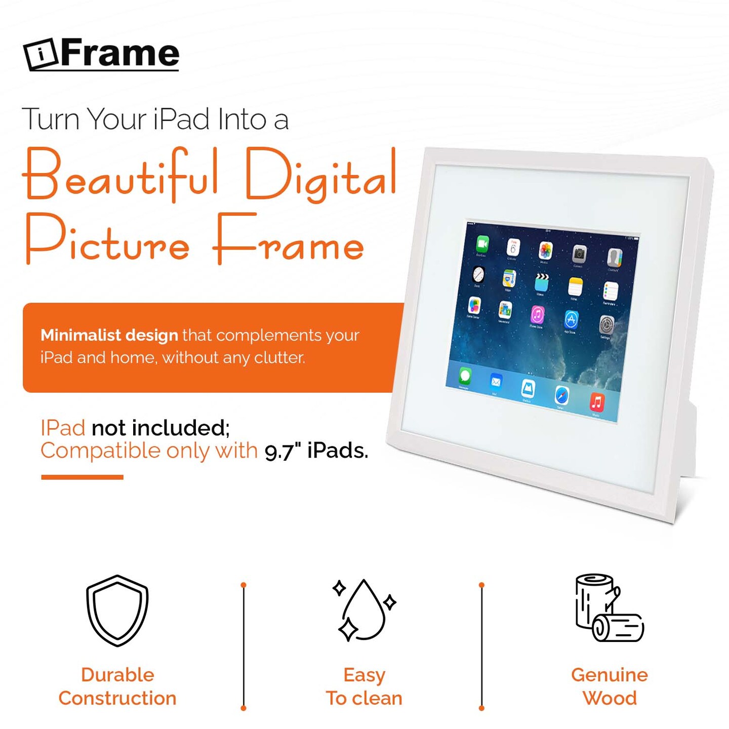 iFrame iPad Frame | Turn Your iPad Into A Beautiful Interactive Digital Picture Frame | Perfect at Home Or Work | Includes Table Stand and Wall Mount for All 9.7&#x201D; iPads