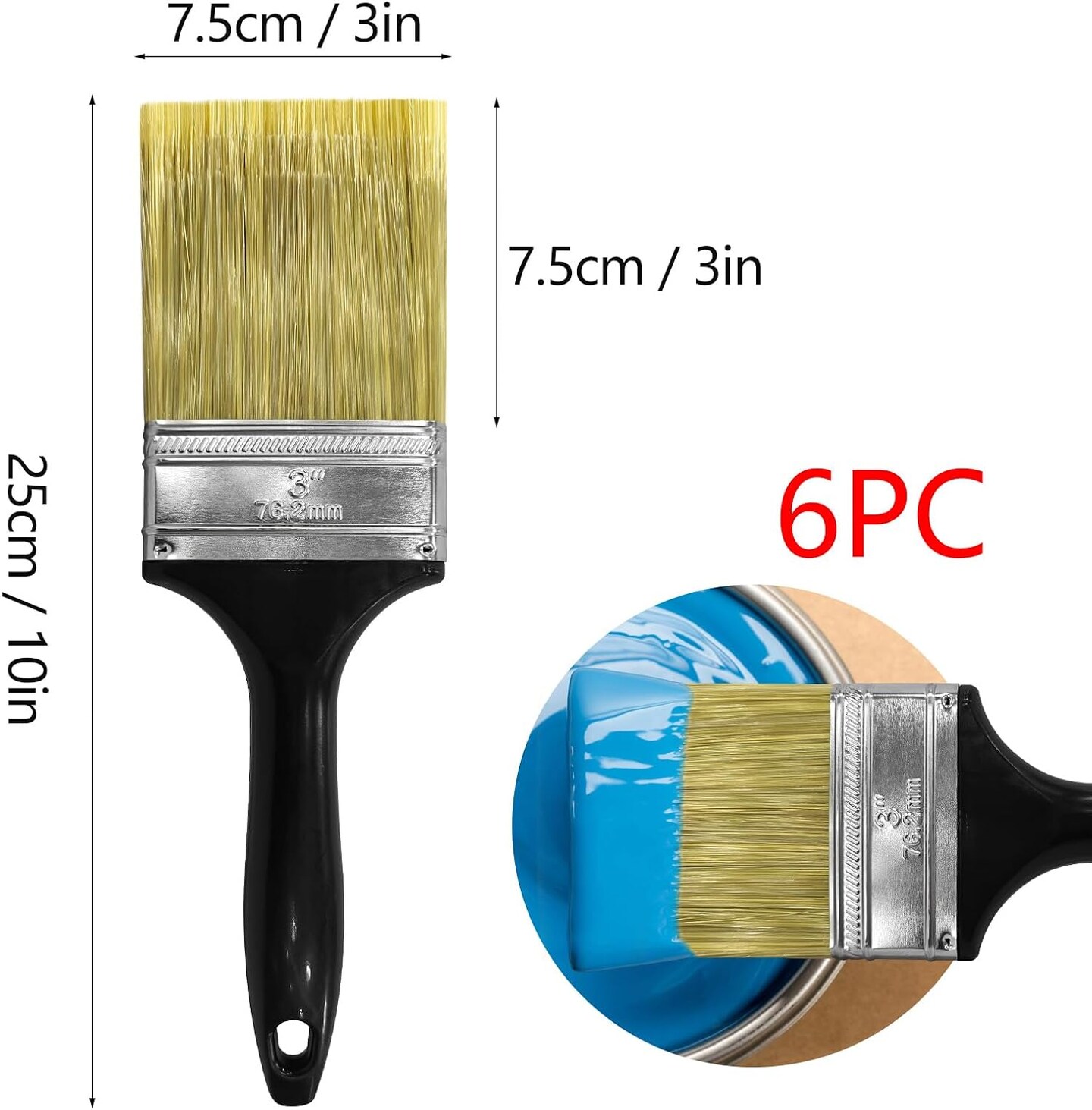 6 Packs 3 Inch Paint Brushes,Professional Paintbrushes Set with Plastic Handle,Multi-Purpose Paint Tools for DIY Paint, Fence, Deck Repair and Wall Trim