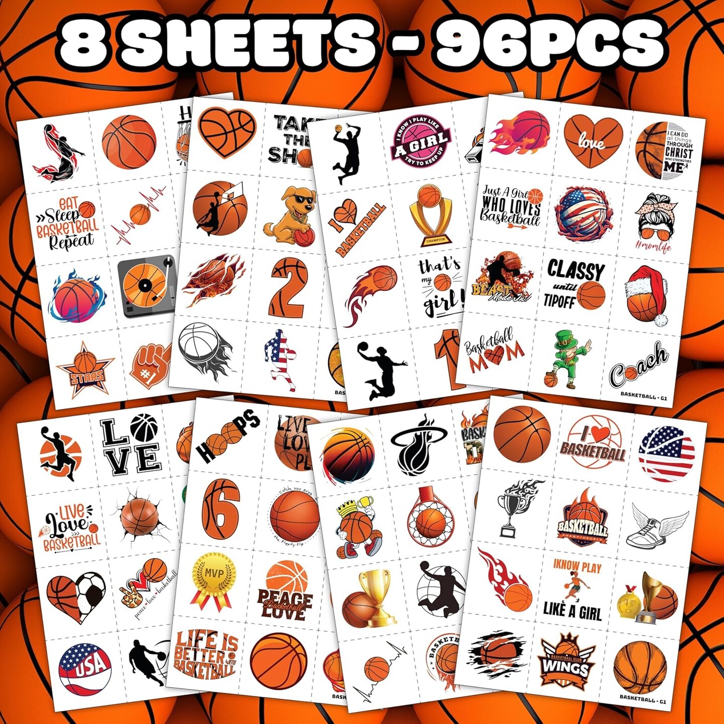 Pre-Cut Basketball Temporary Tattoos - Olympic MVP Sports Game NBA-Themed Stickers for Kids&#x27; Birthday Party Supplies, Decorations, Favors, and Prizes