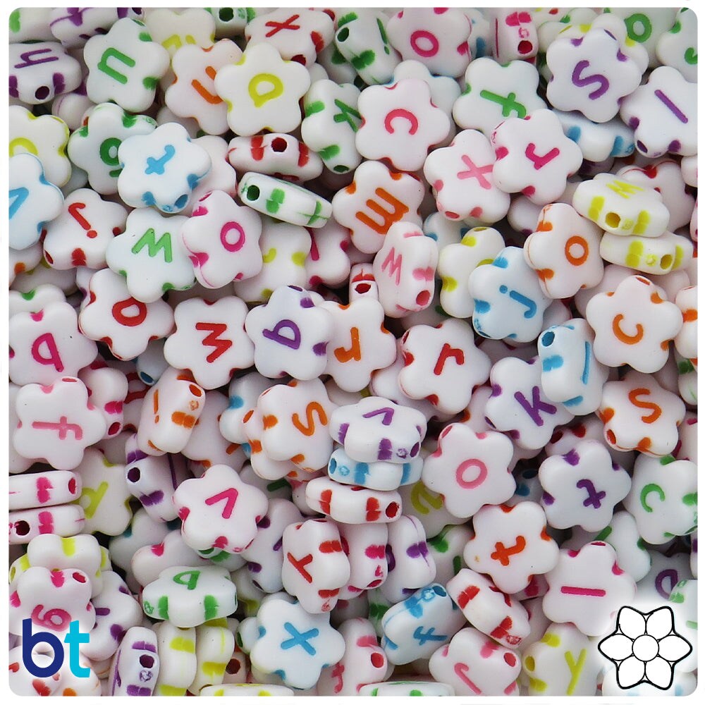 BeadTin White Opaque 10mm Flower Plastic Alpha Beads - Colored Letter Mix (150pcs)