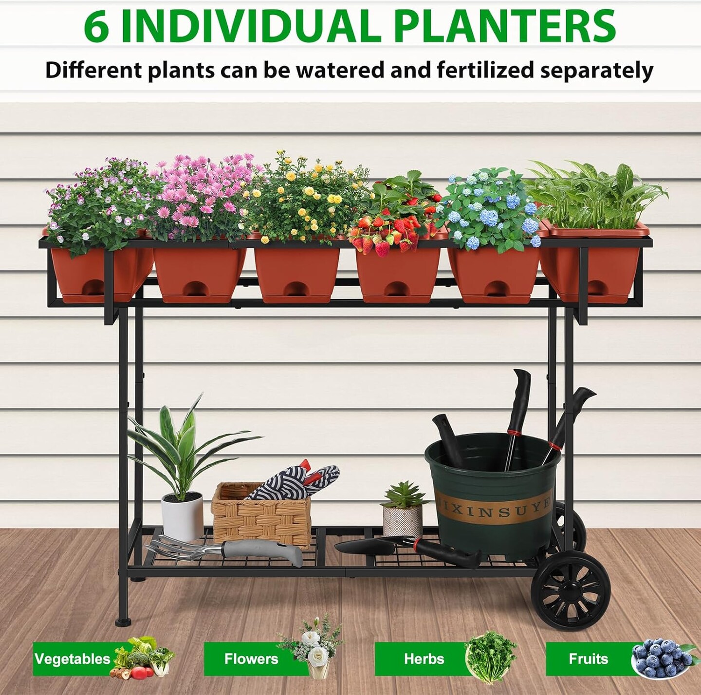Black Raised Garden Bed with Wheels &#x26; Storage Shelf - 43x17x29in/109x43x74cm Elevated Planter Box, 6 Individual Planters for Vegetables, Herbs, Flowers (Outdoor/Indoor)