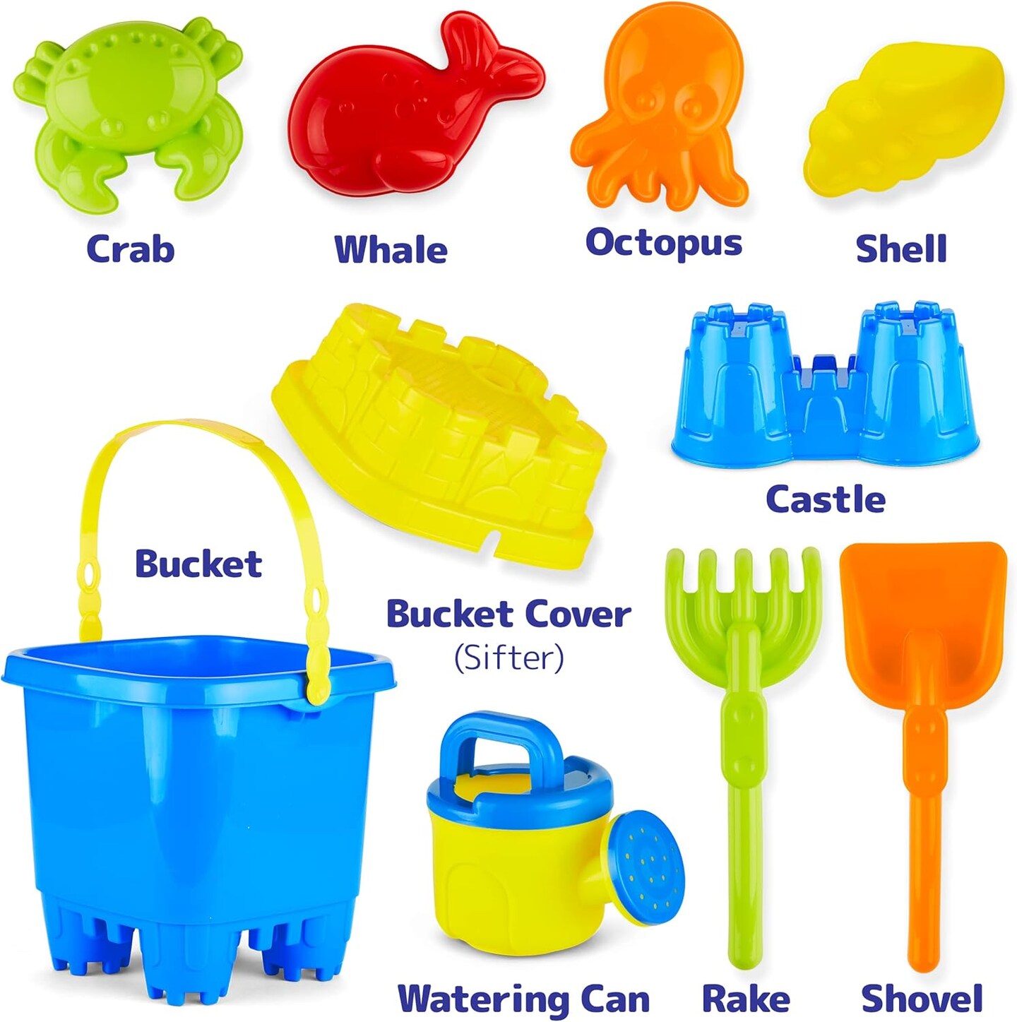 10 Piece Beach Sand Toys Set for Kids - Bucket with Sifter, Shovel, Rake, Watering Can, 5 Animal and Castle Sand Molds for Kids & Toddlers - Sand Buckets and Shovels for Kids, Beach Toy Set