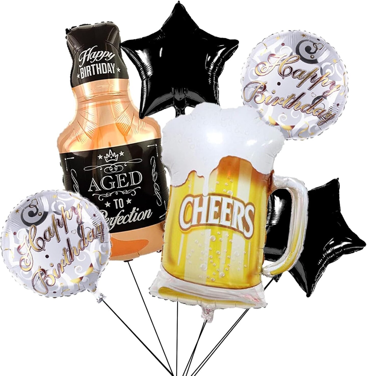 Beer Cup Balloons Set of 6 - Whiskey Bottle & Beer Mug Shaped Mylar Foil & Latex Black Golden Pentagram Balloons - Summer Party, Festival, Birthday & More