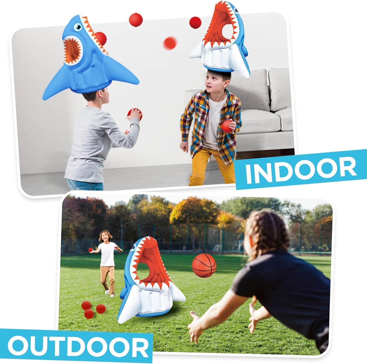 Summer Pool Wave Kids Shark Pool Toy, 3-in-1 Inflatable Float Water Game Basketball Football Head Hoop Toss