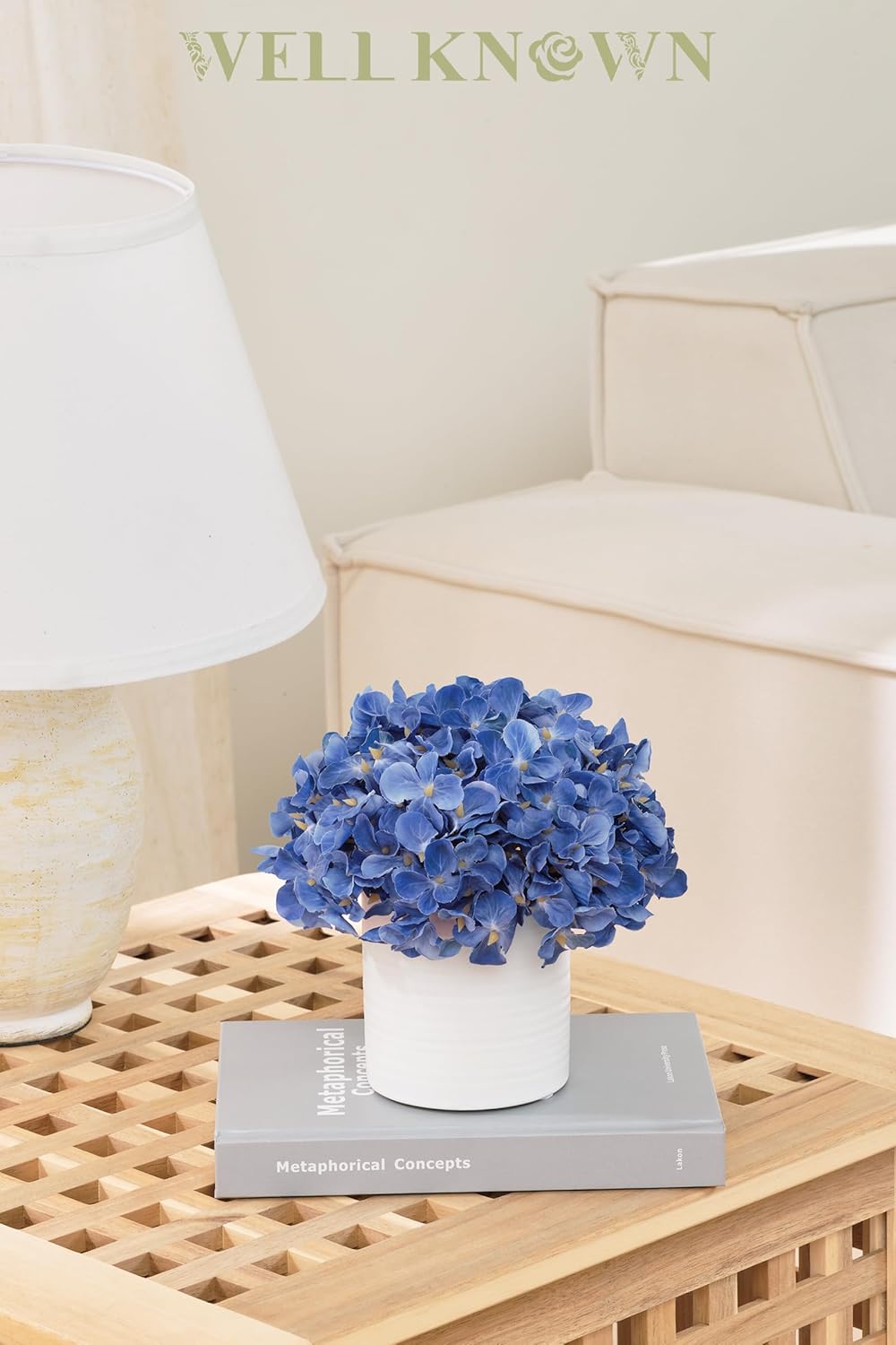 Artificial Hydrangea Fake Flowers in Vase, Fake Silk Flowers in Ceramic Vase, Artificial Plants in Pot for Fall Home Office Lavotory Table Shelf Decor (Blue)