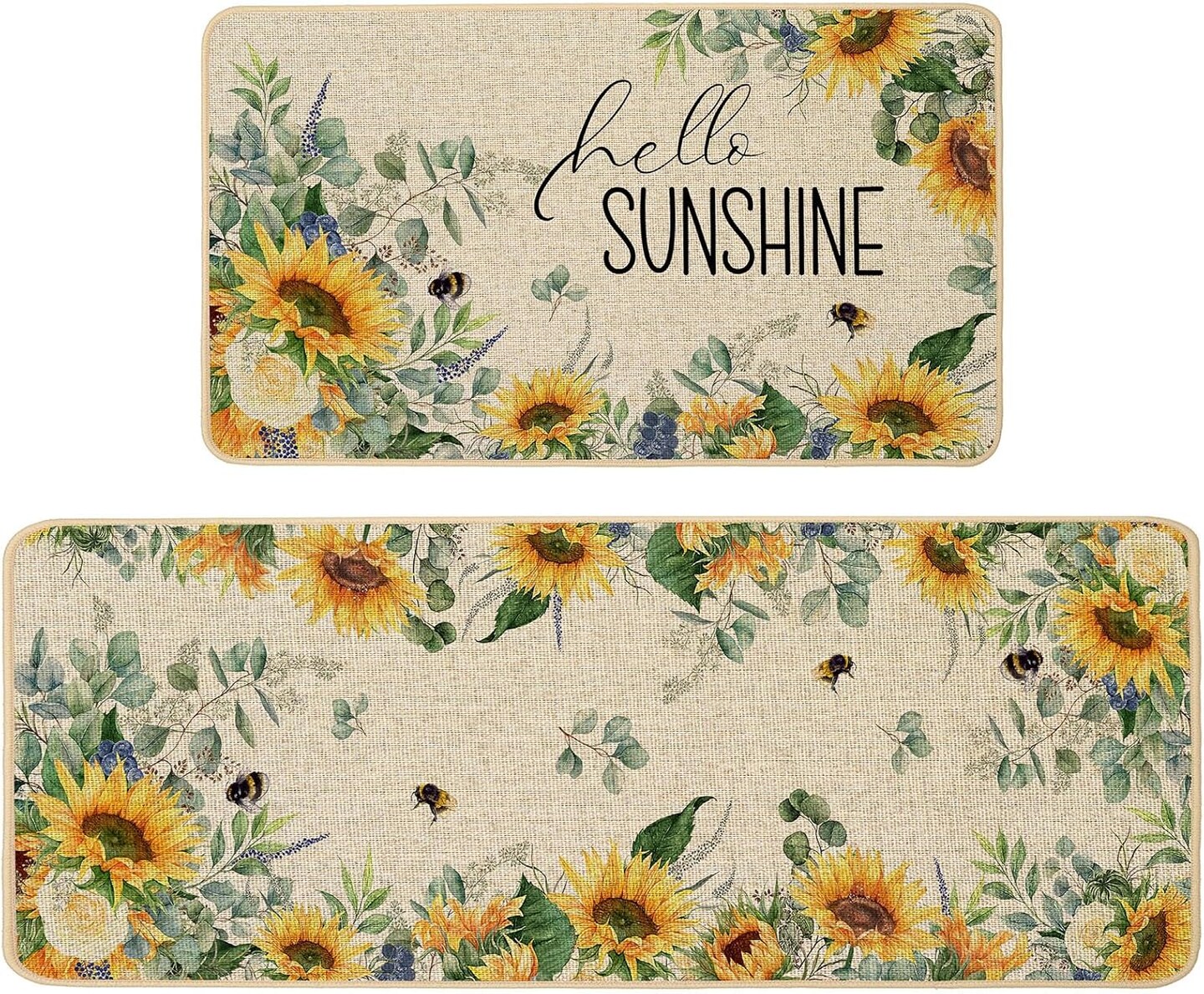 Spring Summer Kitchen Mats Set of 2, Sunflower Floral Bee Kitchen Rugs for Floor Non Slip Absorbent Low-Profile Seasonal Farmhouse Home Decor 17x29 and 17x47 Inch