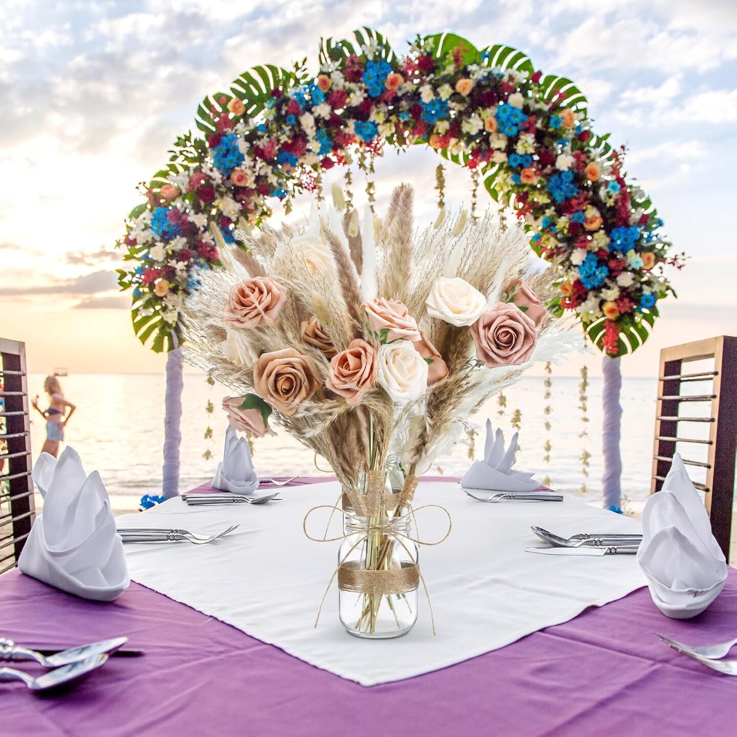 6 Sets 142 Pcs Dried Pampas Grass Table Baptism Centerpieces Boho Pampas Grass Artificial Flower Clear Glass Jars Vase with Rope for DIY Wedding Baby Shower Party Rustic Farmhouse Home Decor